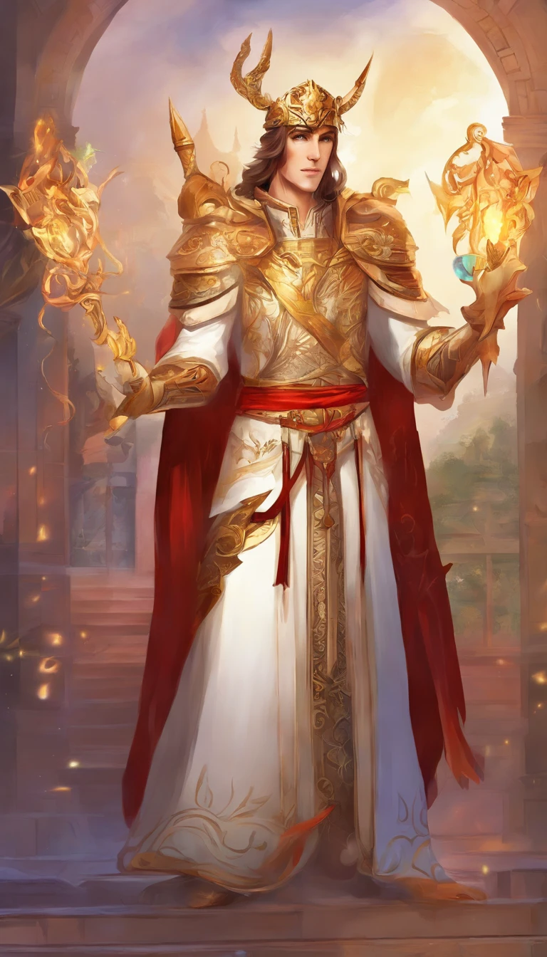 Design me a male character, a cool male character, his quote is "Serving the light while working for the darkness", his occupation is an assassin, his weapon is double sword, his posture should be sturdy, he wear cool attire, make sure to put the goddess of light and the goddess of dark (You can just use symbols or maybe silhouette) behind him to ensure that his quote is true, in addition please make sure there are no ugly face, no ugly eyes, only the best, make sure again no ugly fingers, no multiple hands, no multiple legs, no multiple faces, and make sure the image quality is top notch, make sure again this image is attention grabbing and looks very impressive. Make sure you make the image fit with this command. One more, make sure the character is a male, not female, and only 1 male.
