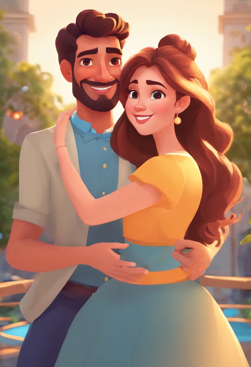 An illustration of an adorable couple, Destacando um homem de pele negra e uma mulher de pele branca com beleza, Brown eyes – the man's hair is curly brown, enquanto o cabelo da mulher solto e loiro. They are a bright space, Todos com um sorriso no rosto, e compartilhe um momento especial, That is marked by love, viagem, and pedagogical insights. Ilustre esta cena a partir de uma perspectiva, where they're facing away from the camera, Show Your Connection. Desenvolva esta arte em Full HD, Focus on your cinematic touch, Estilo Disney Pixar Animations