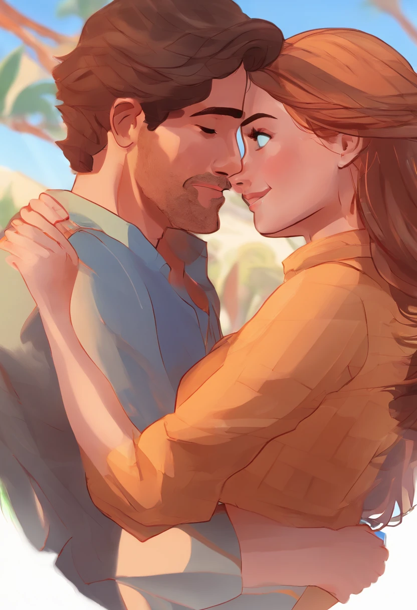 An illustration of an adorable couple, Destacando um homem de pele negra e uma mulher de pele branca com beleza, Brown eyes – the man's hair is curly brown, enquanto o cabelo da mulher solto e loiro. They are a bright space, Todos com um sorriso no rosto, e compartilhe um momento especial, That is marked by love, viagem, and pedagogical insights. Ilustre esta cena a partir de uma perspectiva, where they're facing away from the camera, Show Your Connection. Desenvolva esta arte em Full HD, Focus on your cinematic touch, Estilo Disney Pixar Animations