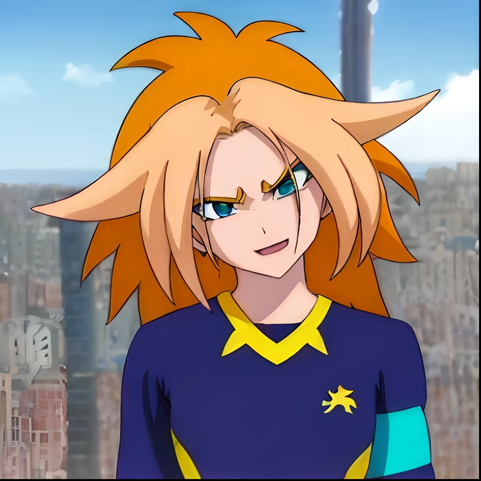 um close up de uma pessoa com cabelos loiros e uma camisa azul, menina saiyajin, Angewoman Glamorosa Digimon, Super Sayan, estilo anime", laranja - menino anime cabelo, Menina do anime chamada Lucy, Norihiro Yagi, Nos, como um personagem de anime, knights of zodiac girl, Tsukasa Dokite, tou, personagem de anime feminino, indo super saiyajin