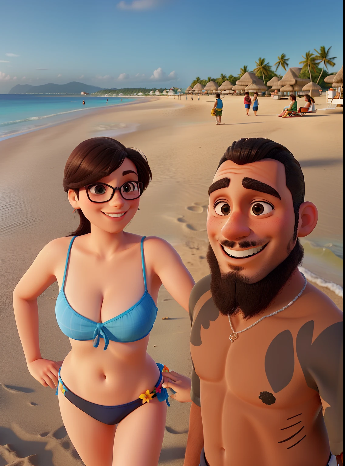 A couple on a paradisiacal beach on a sunny day, com um grande sorriso no rosto.