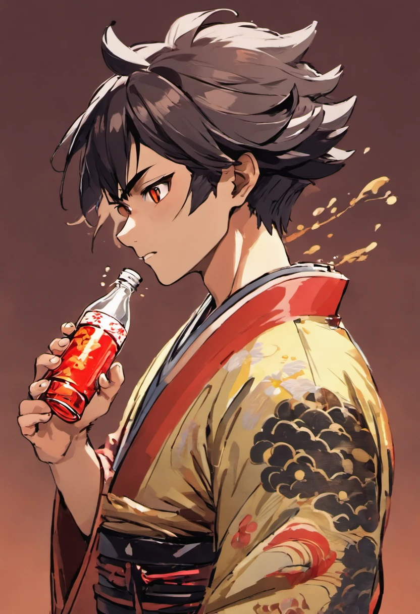 An avatar-style illustration of a samurai character, in side profile, holding sake bottle, with a subdued color palette, wearing a traditional kimono. The samurai's expression is one of subtle joy, with eyes squinted in delight. His attire is rich with historical detail, suggesting his status as a samurai with a chonmage hairstyle. The background is simple to emphasize the figure's contemplative mood.