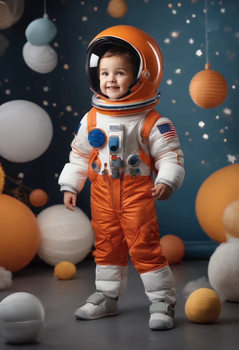 (Happy cute ,Short hair,lively expression) Stand in a posed posture with a confident smile, Wearing an astronaut costume and a colorful vest. Child standing in front of a clean white background, It highlights the bright colors of the costumes. The hair, Similar to Pixar style, It's totally burnett, Intricate details and asymmetrical design. The overall picture is、Rendered in 3D with a cartoon-like touch. The face is particularly fine, Have well-defined functions, Adorable and joyful expression. The image resolution is a staggering 16K, Achieve ultra-fine and sharp focus. The figures of children and astronaut costumes are vivid、Reminiscent of the concept of an animated movie.