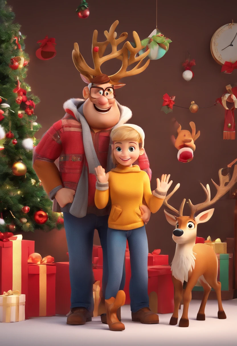 Estilo Pixar: The grown man is his beautiful blonde wife is holding a girl dressed as a reindeer with brown eyes and dark blonde hair and in his other hand he is holding a holly and is trying to adorn the girl's head, in New York Decked Out for Christmas 3D Poster,Disney