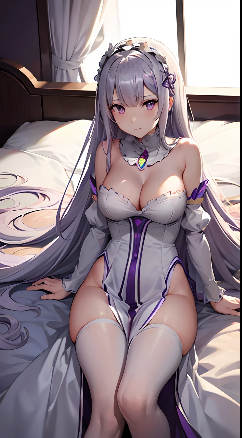 draw the anime character Emilia from Re:Zero. Emilia is on a bed. Emilia is nude. Emilia has long white hair, purple eyes