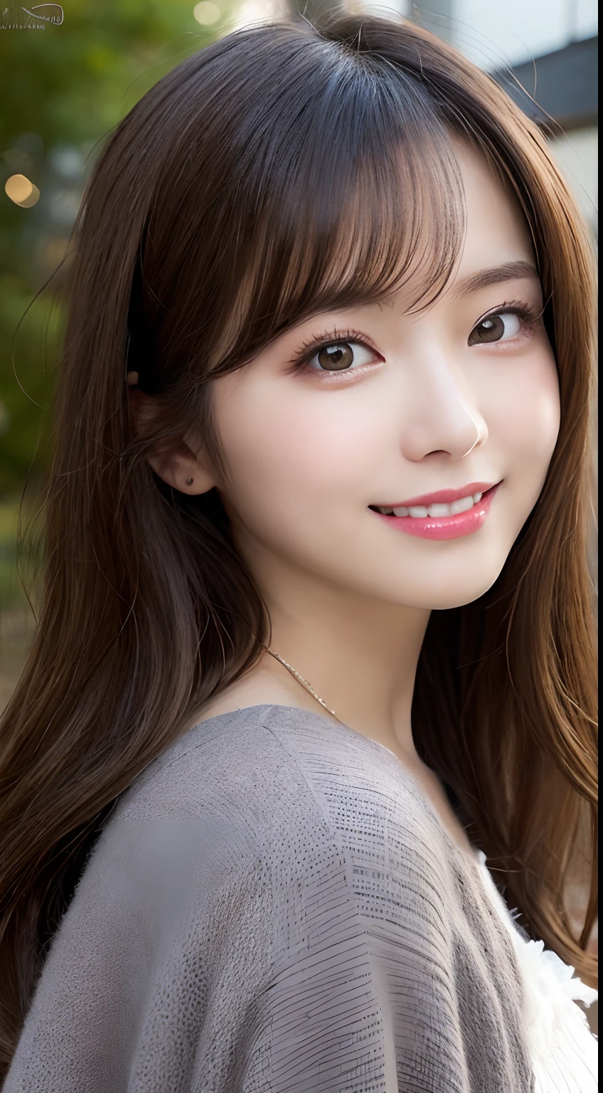 masutepiece, Best Quality, Illustration, Ultra-detailed, finely detail, hight resolution, 8K Wallpaper, Perfect dynamic composition, Beautiful detailed eyes, Autumn Women's Fashion,waved hair,small tits、Natural Color Lip, Bold sexy poses,Smile,Harajuku、20 years girl、Cute、Sexy shot looking at camera、up of face