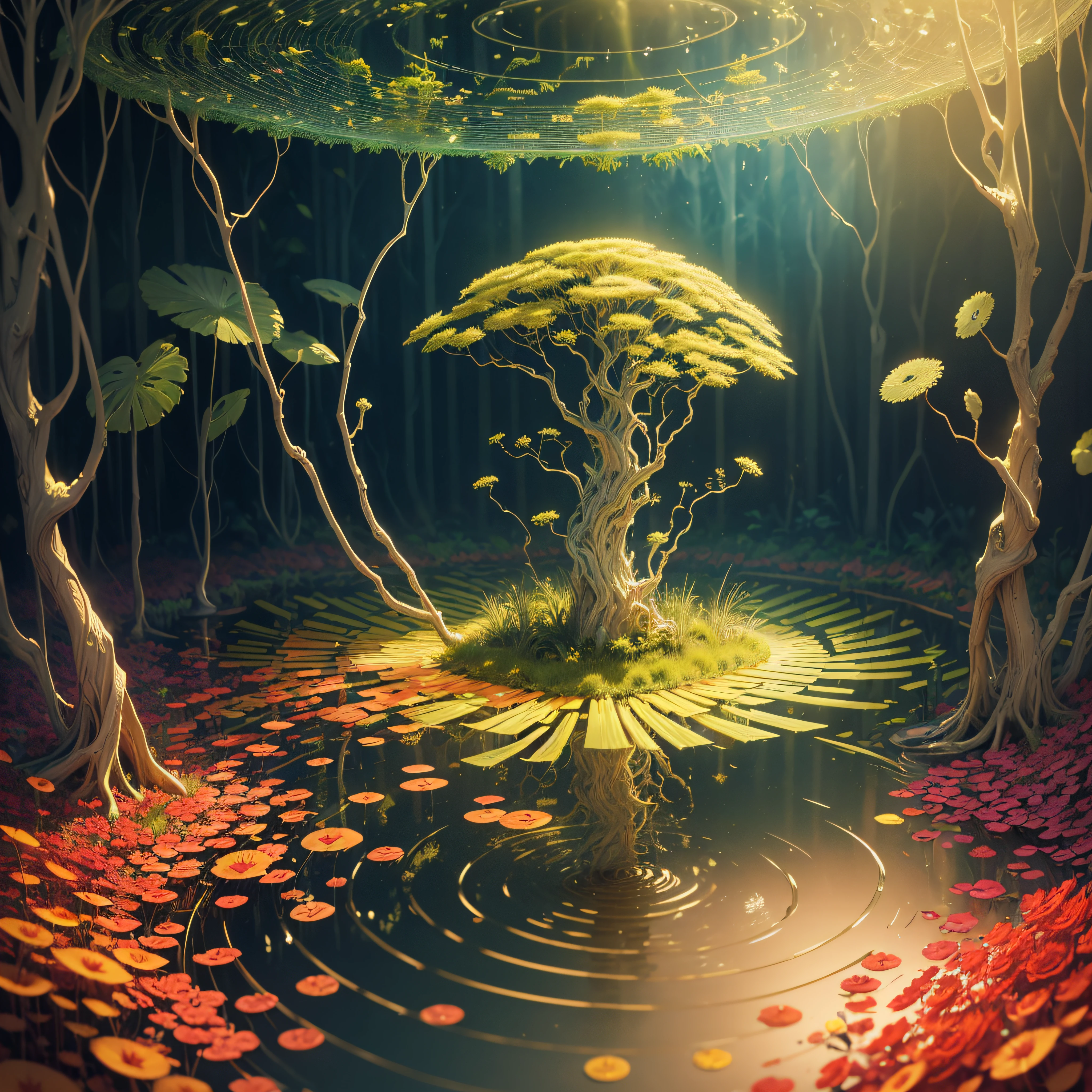 a Allen in a Swamp, with music notes colorful Allen world with DMA, analogue spectrum hologram, close-up a roses, hologram vortex simulation, cristal trees, smoke, red, gold and silver patterns, swamp background hyper detailed, with Inca filer of gold, ((Alien life)), music notes, high resolution, cinema 4D