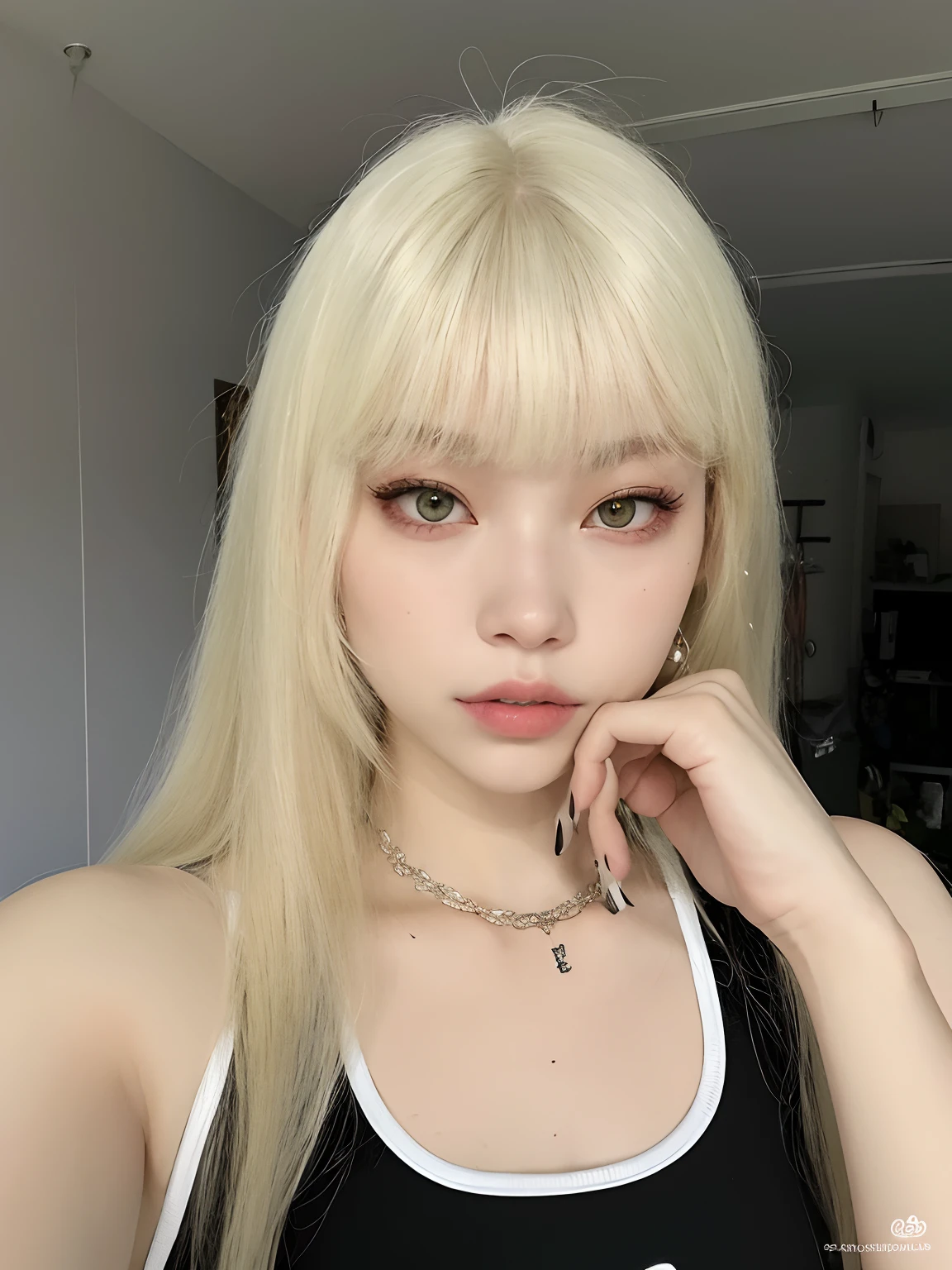 Menina loira com cabelo longo e piercings posando para uma foto, franja branca, branco hime corte penteado, longos cabelos brancos e franja, cabelo whitebangs cabelo, Lalisa Manobal, com franja completa, extremely pale blond hair, very very pale blond hair, com franja, Parque Roseanne do Blackpink, Lalisa Manoban do Blackpink, pale hair