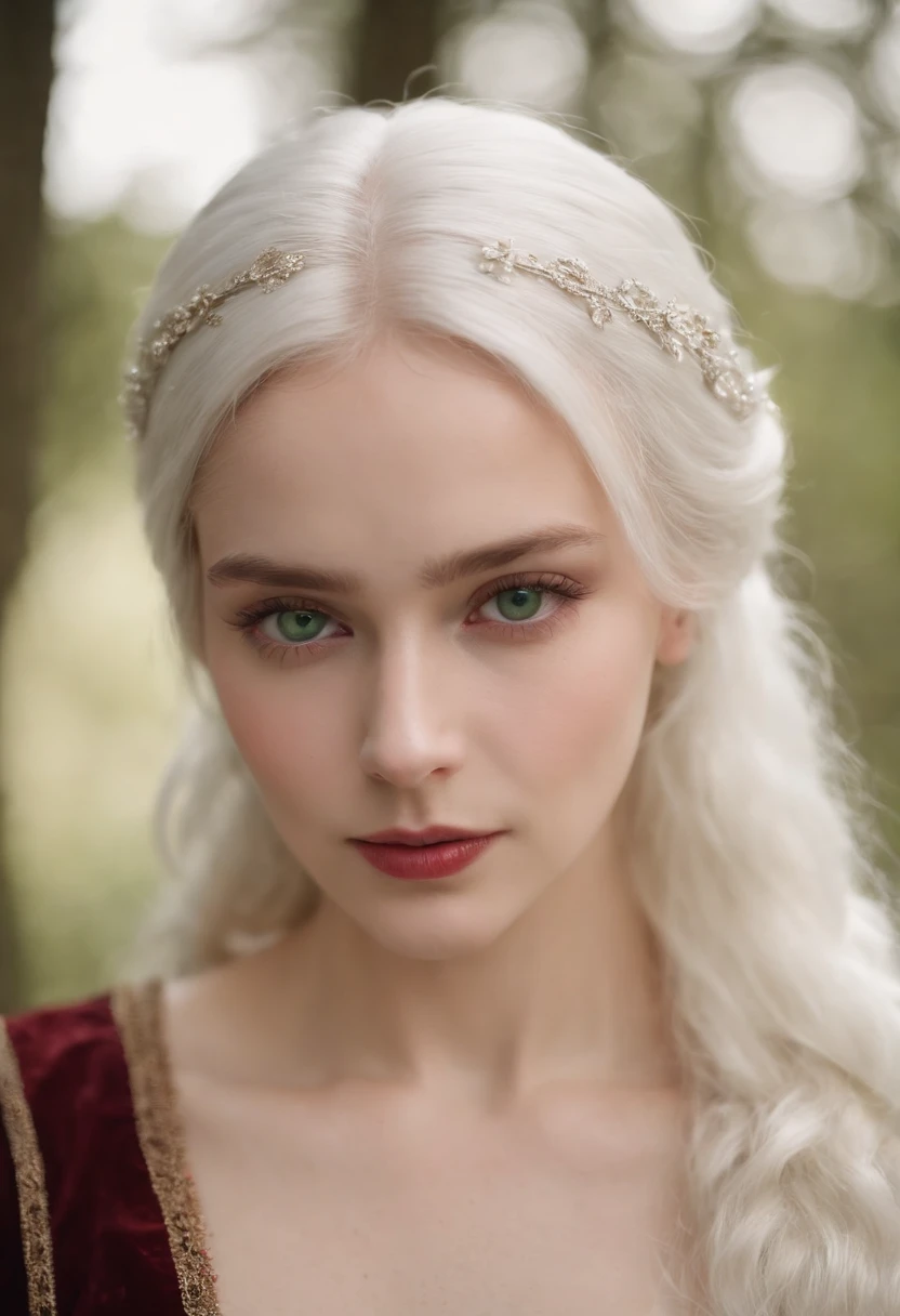 ((((((a deep reddish wound crosses her left cheek))) fair complexion, woman around 19 years old, natural white hair, distinctive green eyes, wearing kohl, slender and graceful, beautiful, candlelight in a medieval setting, ultra sharp focus, realistic shot, medieval female clothes, tetradic colors (scar:1.4)