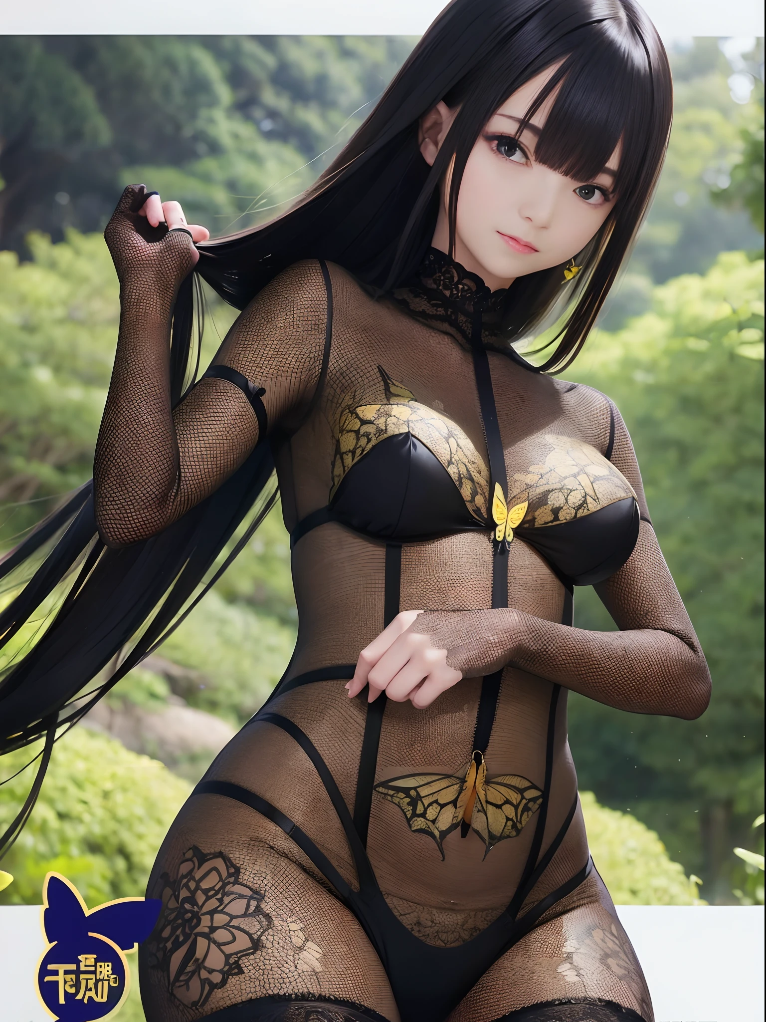 超A high resolution、An ultra-high picture quality、8K、Detailed details、marvelous expression、1womanl、SMLike a young lady、Wearing a black and gold full-body bodysuit with a swallowtail butterfly motif、Glowing Accessories、Show a beautiful smile、Slender and tall woman、Super long black hair、Smaller chest、Slender appearance、Gravure Model Pose、Tranquil forest background、