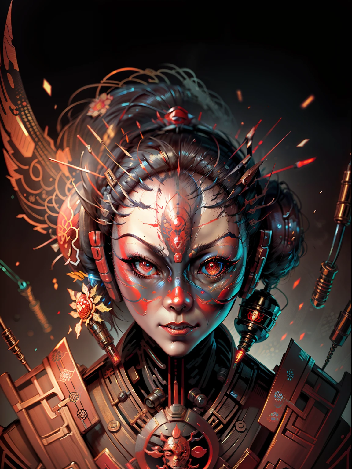 imagine um samurai, estilo cyberpunk, lamina demoniaca, mascara hannya, 4k, nft