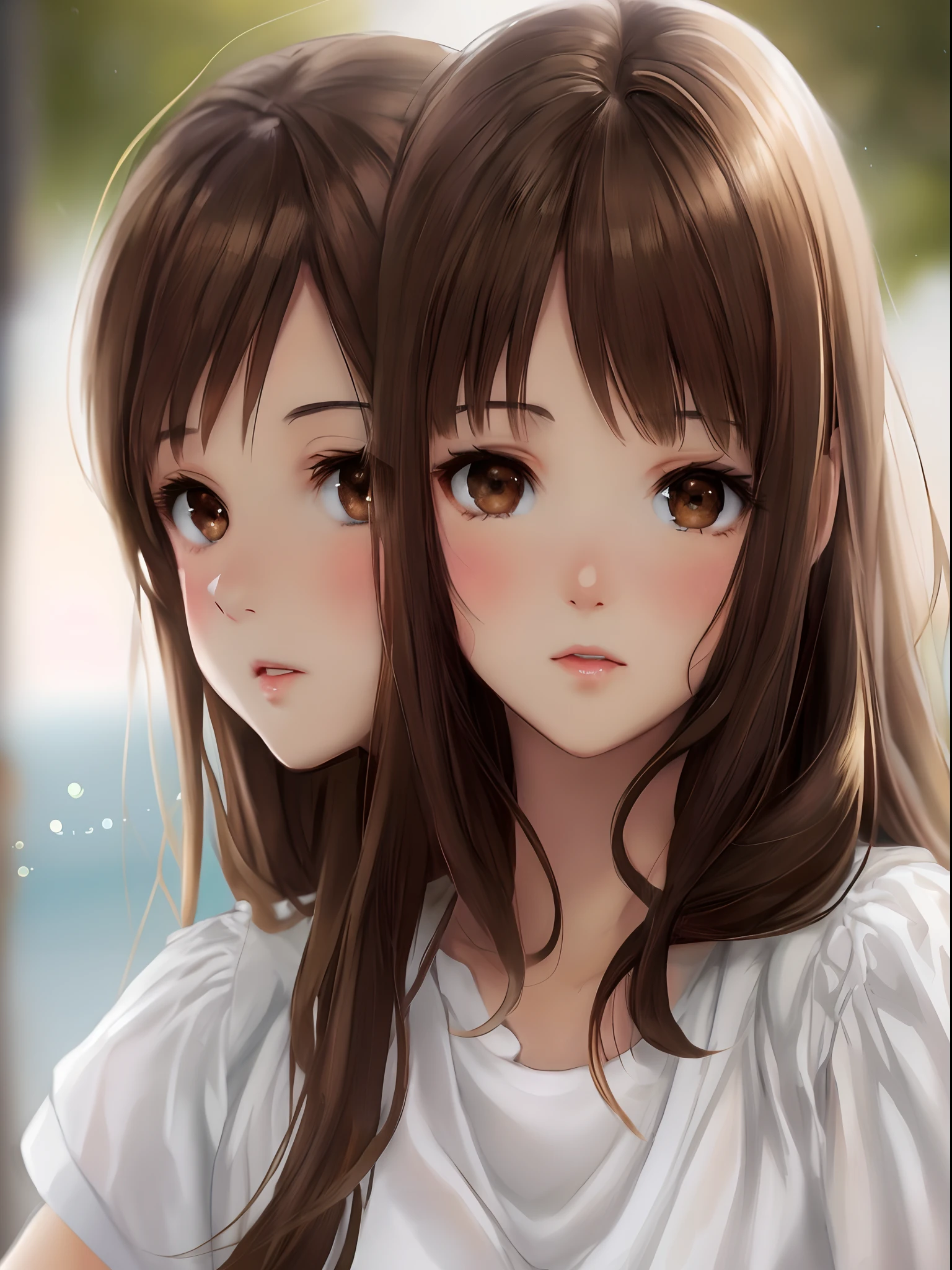 Brown Hair and Brown Eyes Girl with Beautiful and Innocent Face ((gran belleza)) estilo anime. Adulta. Piel blanca. Cabello suelto y largo