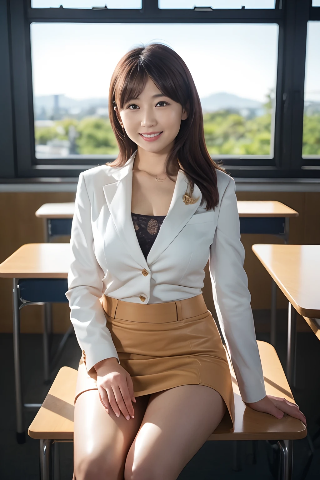 1womanl、1 female teacher,(Super beautiful)、(beauitful face:1.5)、40 years、Perfect makeup,(( Business Suit, a miniskirt:1.2))、Sitting on a chair in a school classroom、Brilliant sunset,To a shining man,a high chroma,Sparkling sunset,Romantic sunset,Beautiful sunset,brilliant sunset,The light of the setting sun illuminates the room,You can watch the sunset from the classroom,brilliant sunset,Looking at the camera,Vivid,Highly saturated,The most beautiful faces in Japan,adultlike face,gently smiling,Smile,,Faces close,Staring at this,Very Longhair,straight haired,Breasts are big,Emphasize the bulge of the chest,Skirt without folds,There are no folds on the skirt,tight skirts,Short tight skirt,super-fine,beautiful hairl,Transparent photos,Detailed High School Classroom Background,The most beautiful faces in Japan,View here,Perfect fingers,face perfect,细致背景,Fair skin,Crystal clear white skin,Perfect fingers,细致背景,top-quality,The ultra -The high-definition,Perfect Anatomy,high-definition RAW color photography,professional photograpy, Very delicate, Extremely detailed,finely detail, Huge file size,Top image quality,8K,Award-Winning Works,masutepiece,Professional filming