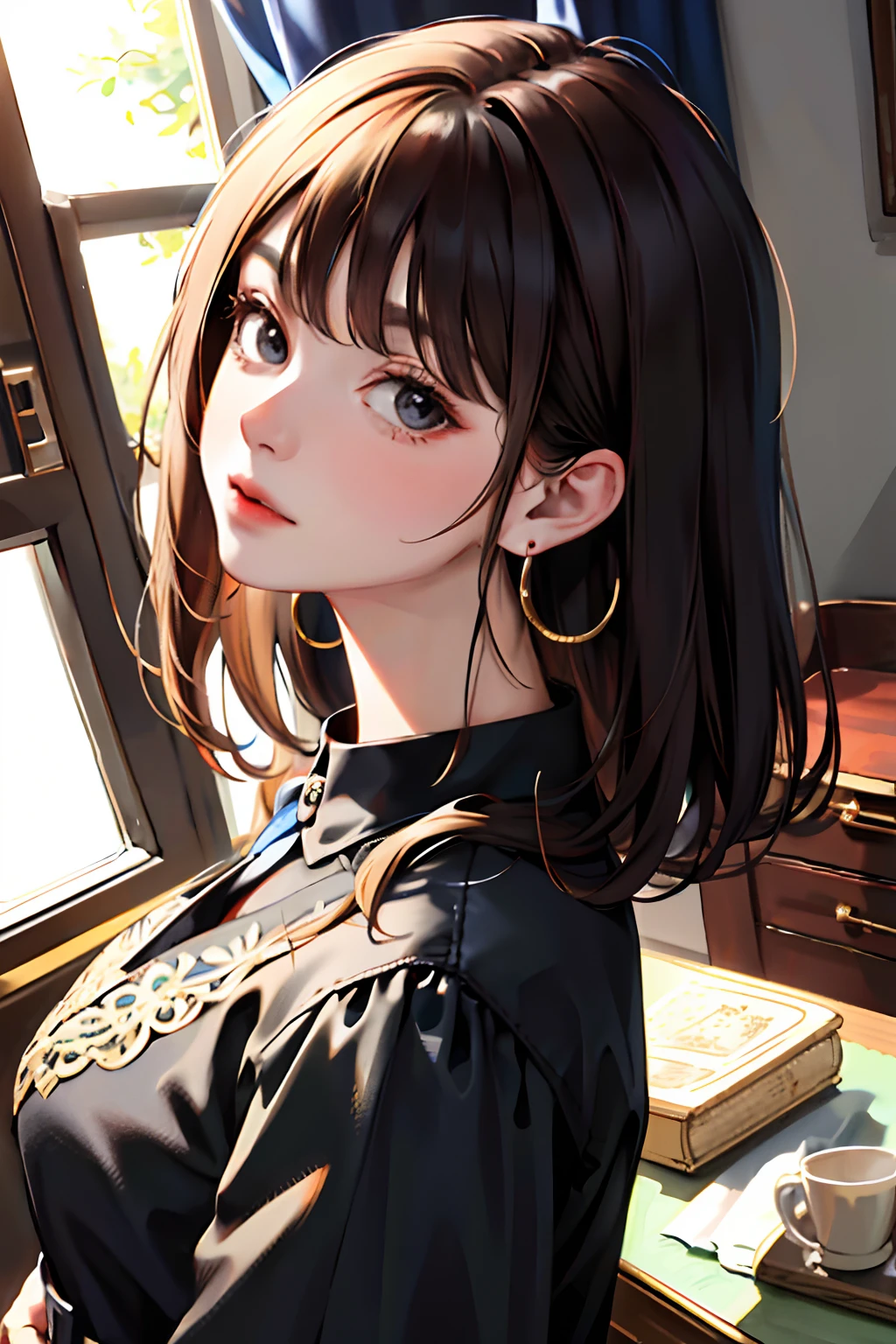(masutepiece:1.2, Best Quality), (real picture, Intricate details), Solo, Home, Close-up Face, Shirt, (Front Focus), Large round earrings, looking at me, Bangs