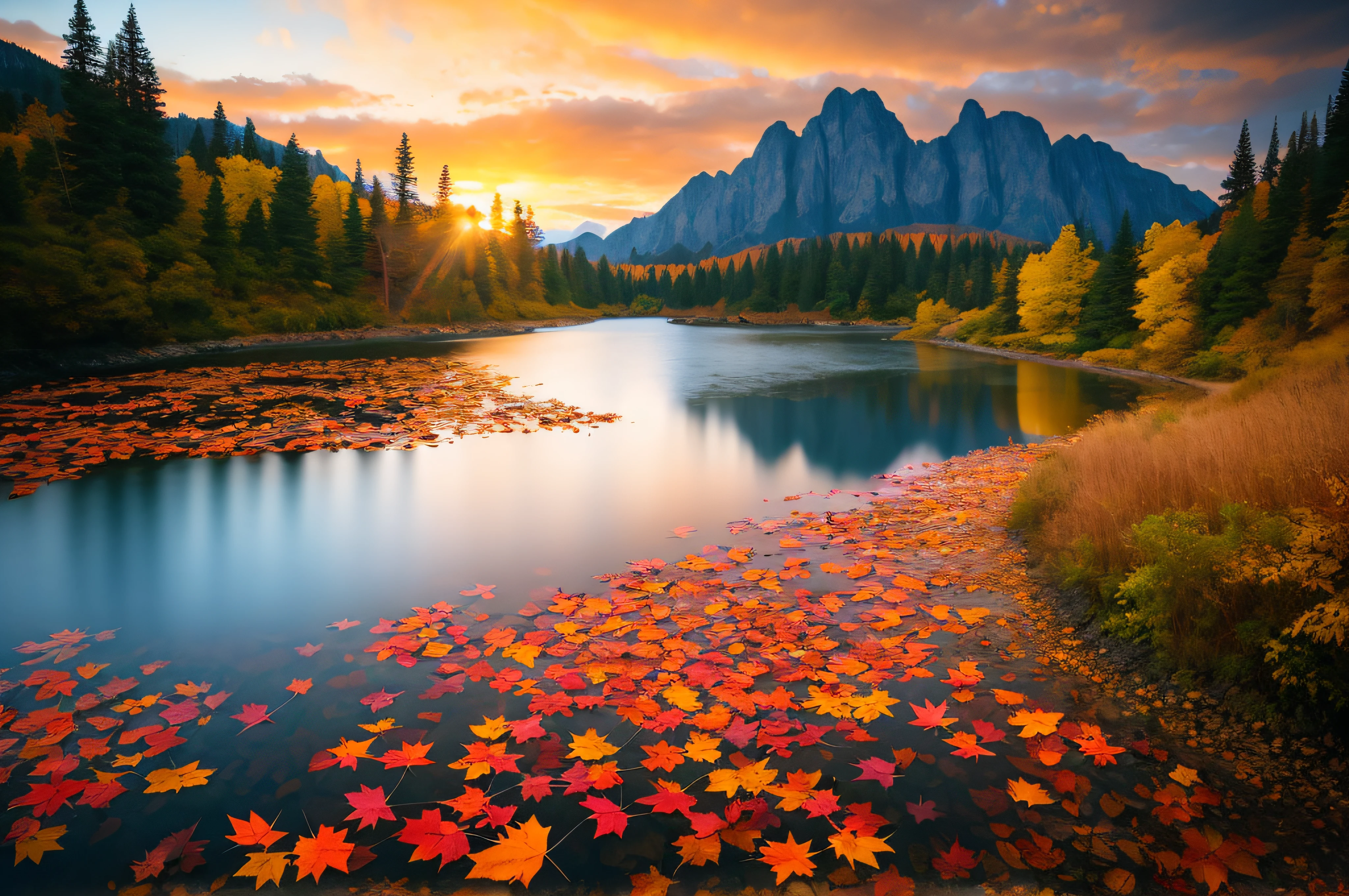 arafed view of a mountain range with a lake and colorful leaves, dramatic autumn landscape, extraordinary colorful landscape, epic beautiful landscape, natural landscape beauty, beautiful scenic landscape, beautiful landscape, amazing landscape, stunning landscape, autumn sunset, autumn mountains, warm beautiful scene, an amazing landscape image, autumn sunrise warm light, autumn tranquility, beautiful serene landscape, fantastic landscape