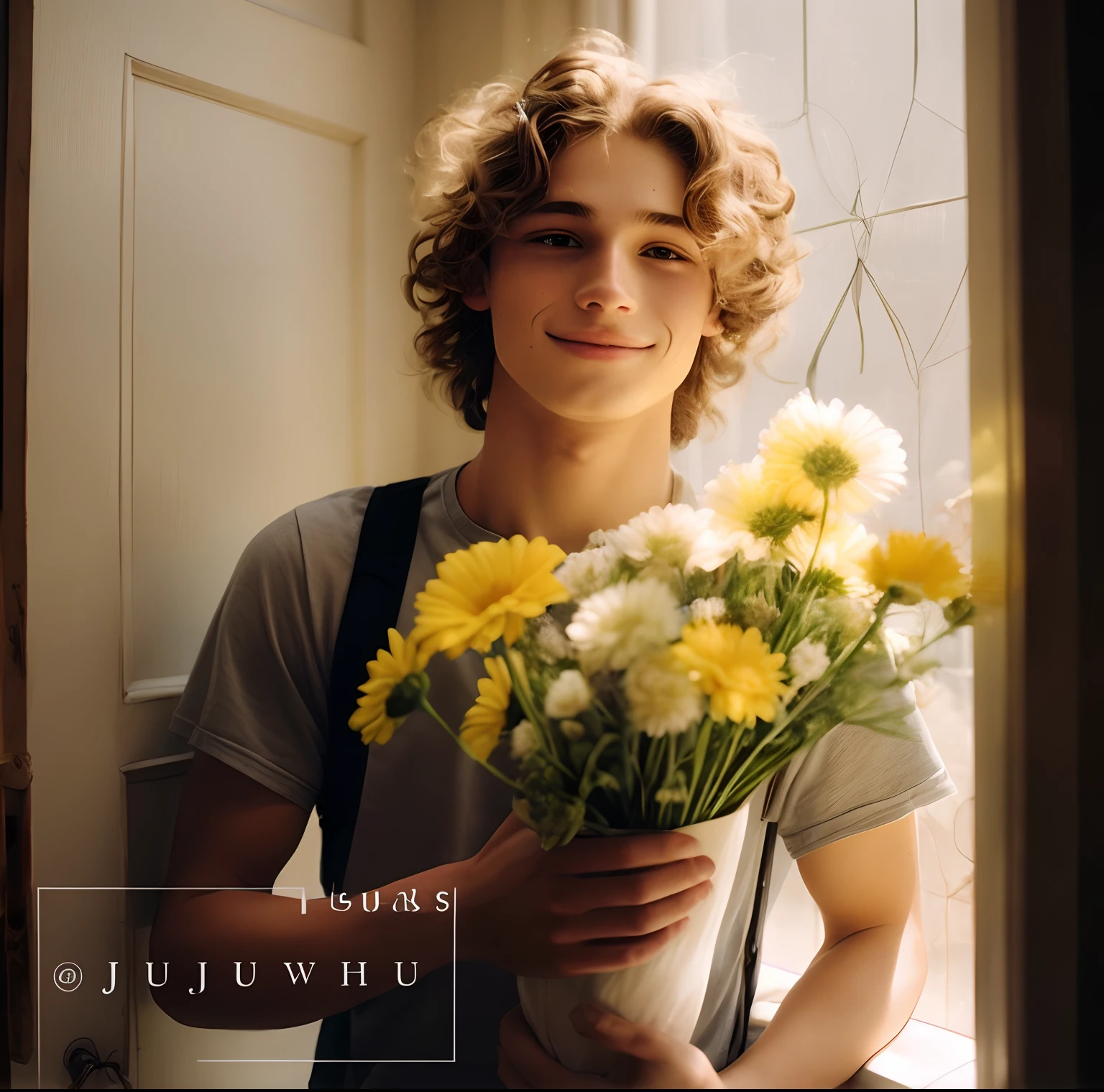 there is a young man holding a bunch of flowers in his hand, with flowers, holding flowers, cute young man, carrying flowers, flowers on heir cheeks, full of flowers, beautiful boy, by Justus van Gent, tommy 1 6 years old, there are flowers, sitting with flowers, beautiful young man, inspired by John Luke, he has short curly brown hair