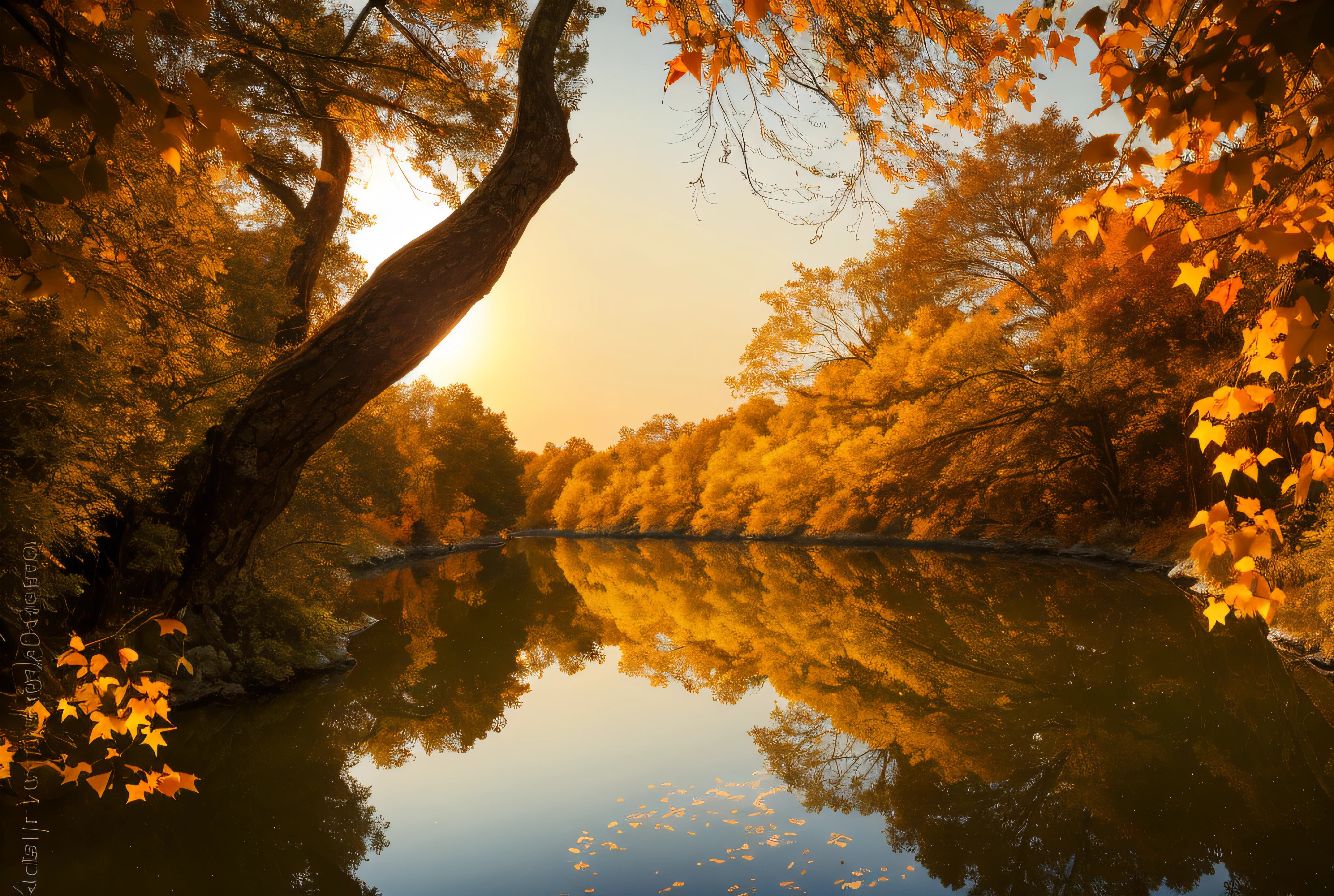 trees are reflected in the water of a river with orange leaves, dramatic autumn landscape, autumn forest, golden autumn, autumn tranquility, forest and river, beautiful landscape, autumn sunset, autumn season, lake in the forest, river in a forest, beautiful dreamy landscape, in autumn, soft autumn sunlight, nature landscape, colorful autumn trees, warm beautiful scene, beautiful serene landscape