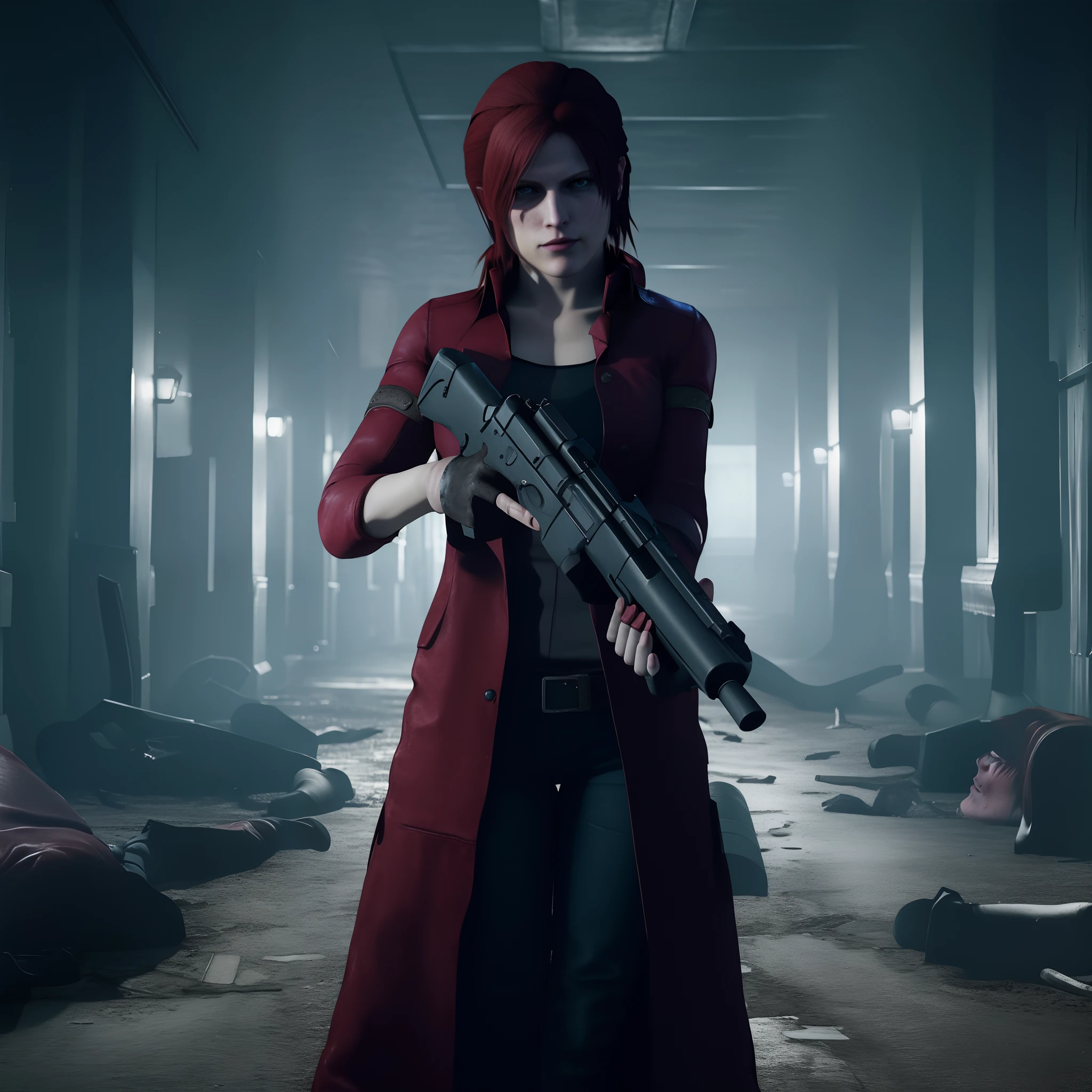 Best quality, ((Claire redfield from resident evil)), woman 40 years old, long red hair, black jeans, red nail polish, beautiful face, red long coat, glare, holding a gun