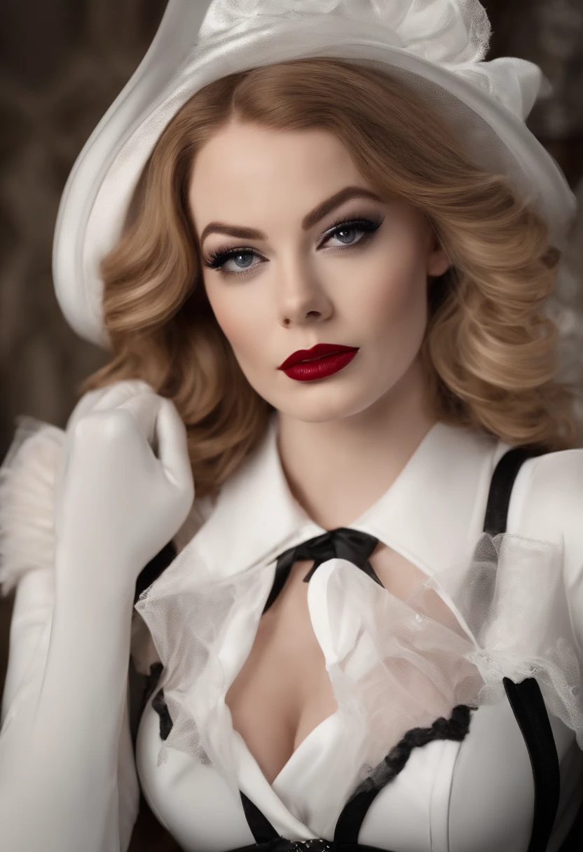 (best quality,realistic),Emma Stone wearing a latex French maid uniform,slutty style,ruby red lipstick,exquisite details,wavy hair,tight-fitting outfit,seductive expression,glossy finish,latex shine,provocative pose,revealing cleavage,fitted corset,mid-thigh length skirt,black and white color palette,lacy trim,high-quality material,accentuated curves,sensual atmosphere,alluring beauty,delicate folds,dripping semen,enticing allure,elaborate design,playful attitude,naughty fantasy,sexy atmosphere,confident and empowering,eye-catching appearance,intense gaze,seductive makeup,latex gloves,thigh-high stockings,high heels