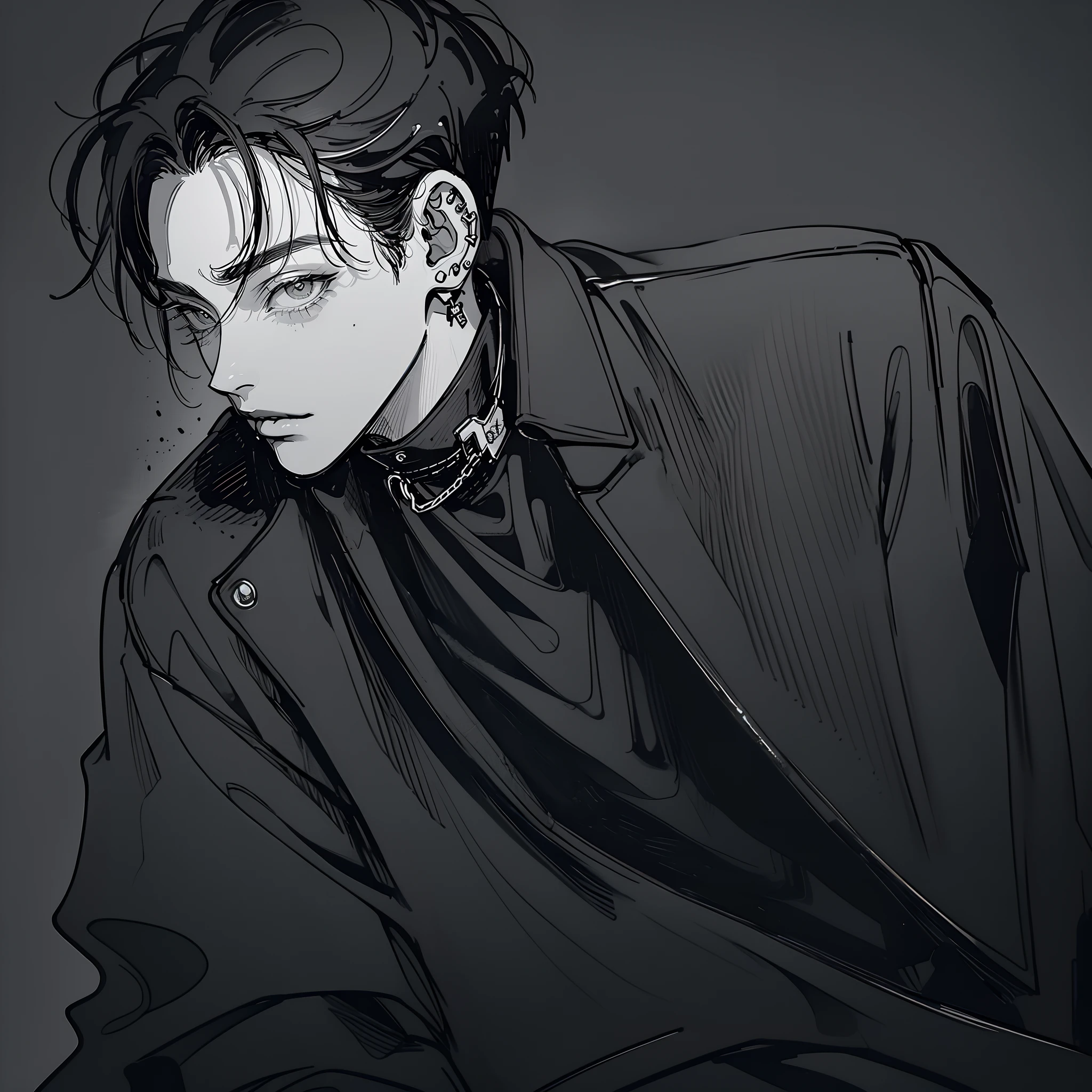 (4K works))、masterpiece、(top-quality)、((Midnight Night Road))、Korean Male、Adult male、((Adult 50 years old))、((Adult uncle type))、((Leather Jeans Style))、((Face similar to Hyunjin))、Cool Men、tall、((Wild features))、((Long sleeve long trouser style))、((Smaller face))、Slim body、(((short-haired)))、((shot from a side angle))、((profile))、((Shot alone))、((Solo Photography))、Professional Photos、((He is in front of the viewer))、((Monochrome photography))、((Upper body photography))、((Wear a lot of piercings))、((Icon Photo))、((Sick Boys))、((Mine Boys))