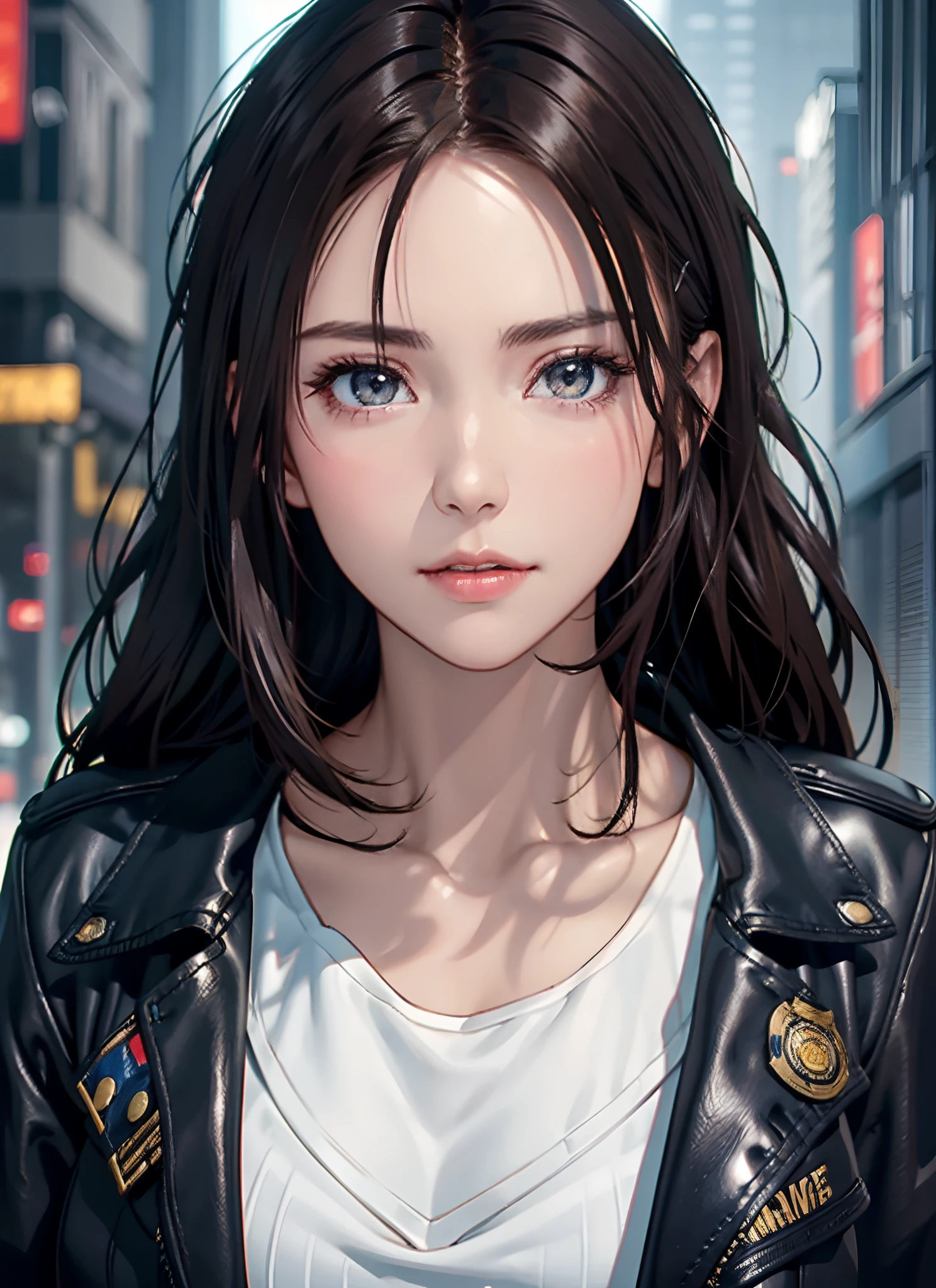 Portrait of Nattorp as a beautiful female model, Georgia Fowler, Beautiful face, with short dark brown hair, in cyberpunk city at night. She is wearing a leather jacket, Black jeans, Dramatic Lighting, (police badge:1.2)