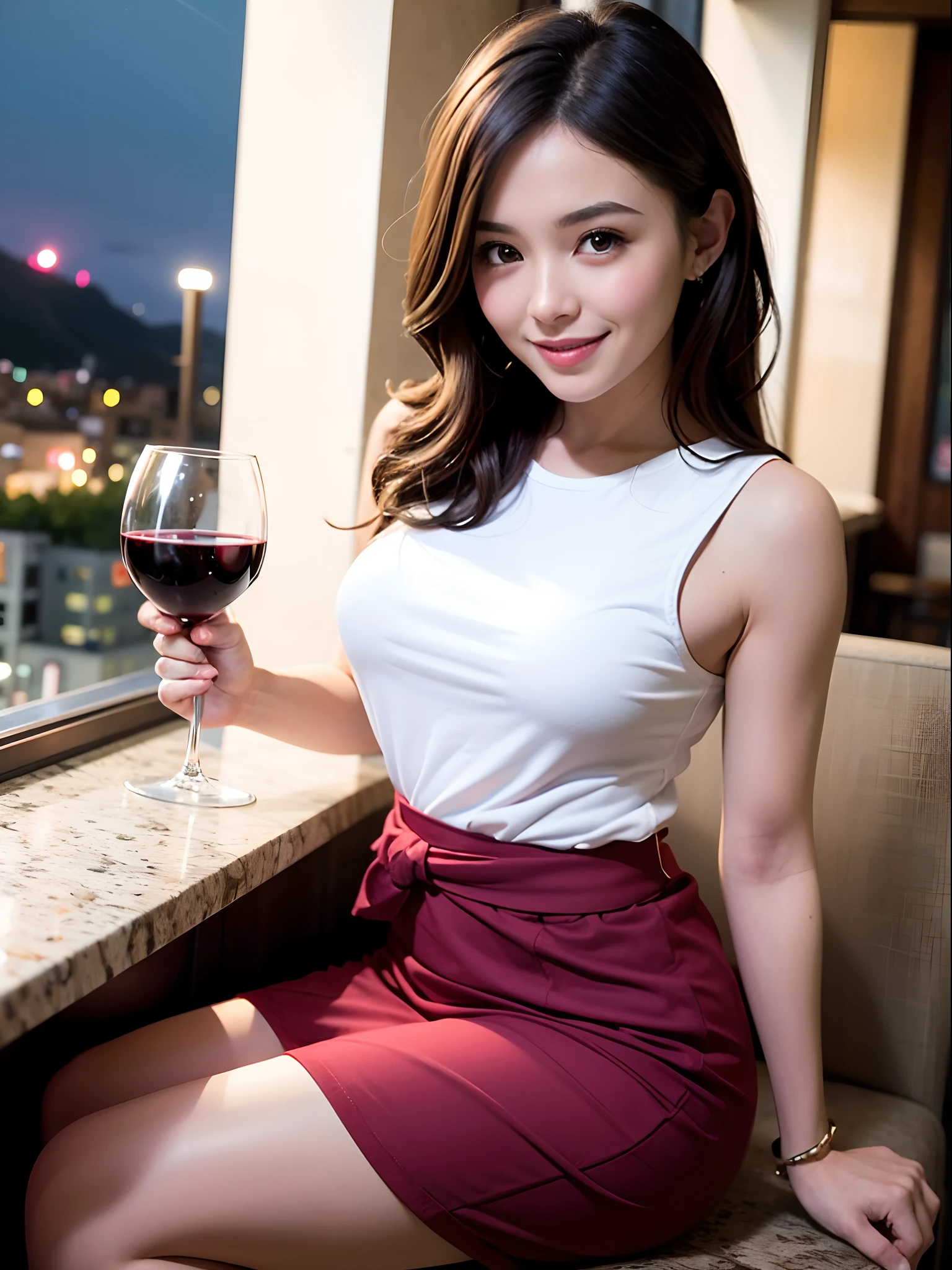 (64K, UHD, top quality, masterpiece: 1.2), (realistic, photorealistic: 1.37), super detailed, pretty woman 1, (slim face), (slim body), (brown hair), (short cut), cheeks slightly blushing, (40 years old), 38 years old, solo, beautiful detailed urban night view outside the window, restaurant, wine glass sitting, at night, in a prominent place (from the waist up) NovaFrogStyle, Actress, Model, Waist Up, White Wine, Slim, Wine Glass, Super Clean Night View, Wine Glass Put in the Middle, Happy Smile, (Smile: 1.15), Beautiful Fine Eyes, Upper Body, Bust Japan Up, Night, Short, Short, Actress, Model, Waist Up, White Wine, Slim, Wine Glass, Super Clean Night View, Wine Glass Put in the Middle, Happy Smile,