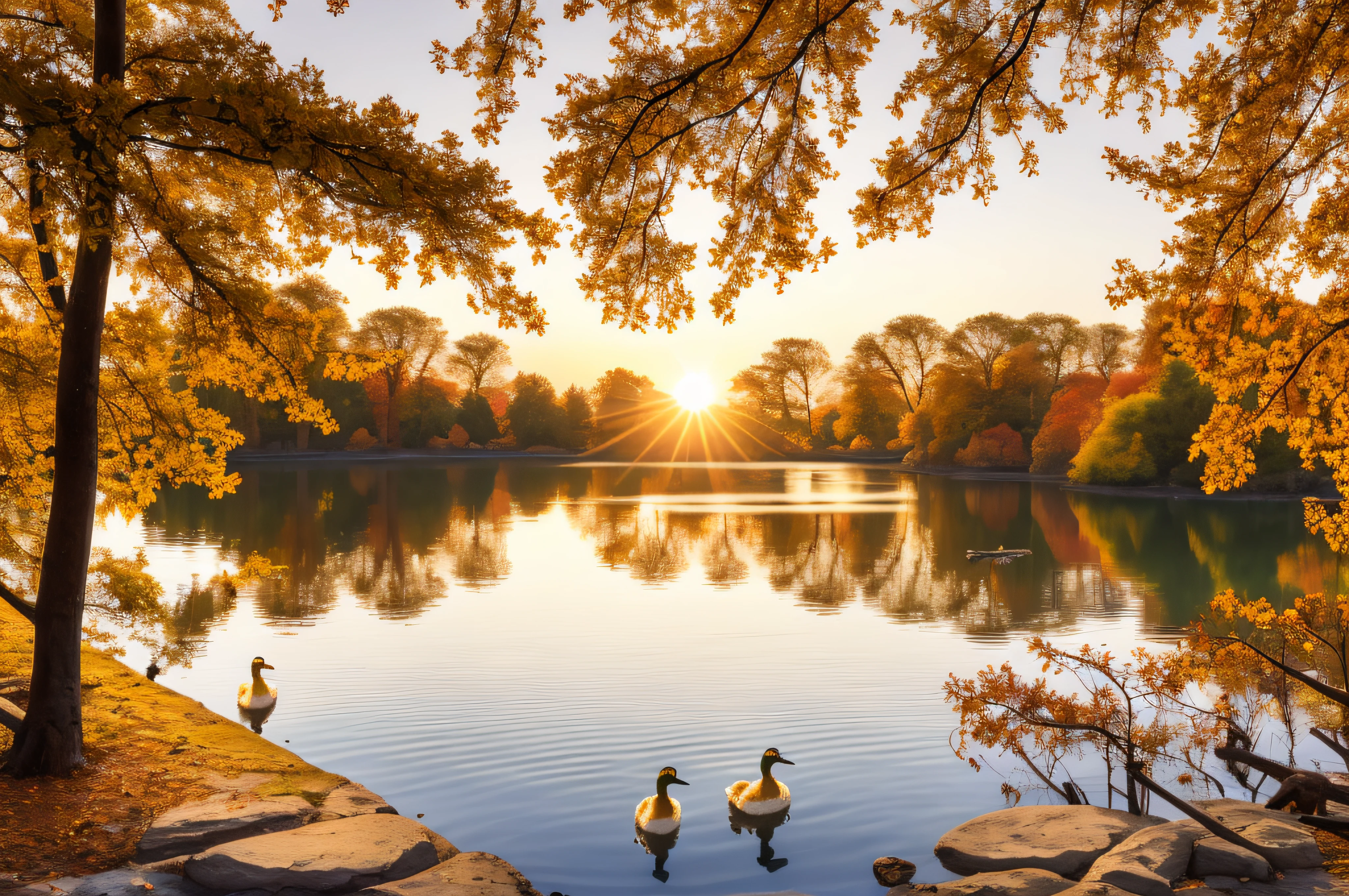 arafed view of a lake with ducks in the water and a tree in the foreground, autumn sunrise warm light, sunset with falling leaves, at sunset in autumn, autumn sunset, soft autumn sunlight, autumn tranquility, warm beautiful scene, autumn sunlights, dramatic autumn landscape, autumn light, lake in the forest, sunny amber morning light, sunlight reflected on the river