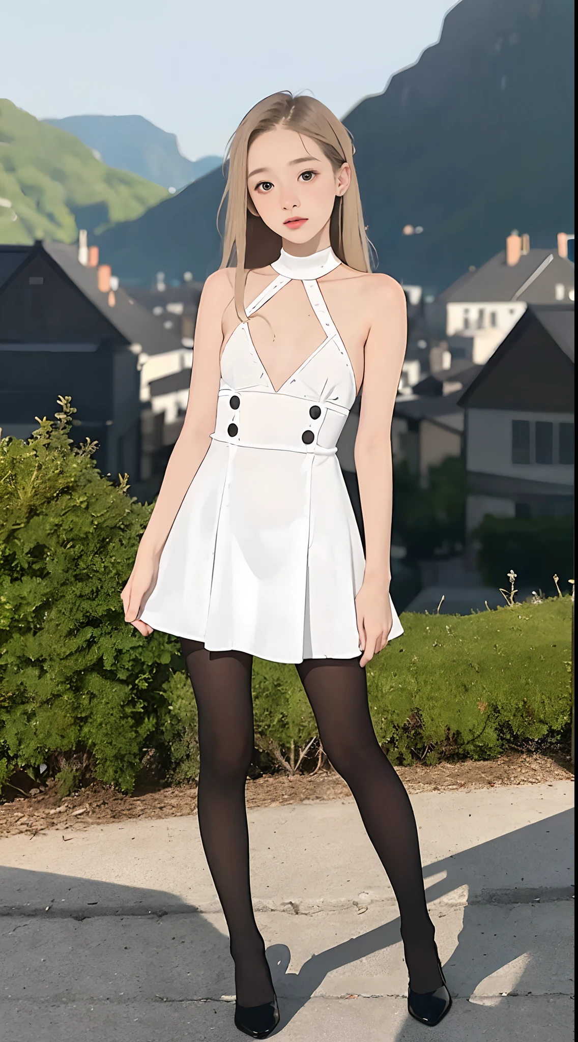 16 year old pre-teen, European, blonde, small breasts, tiny dress, black tights, ray tracing, HDR
