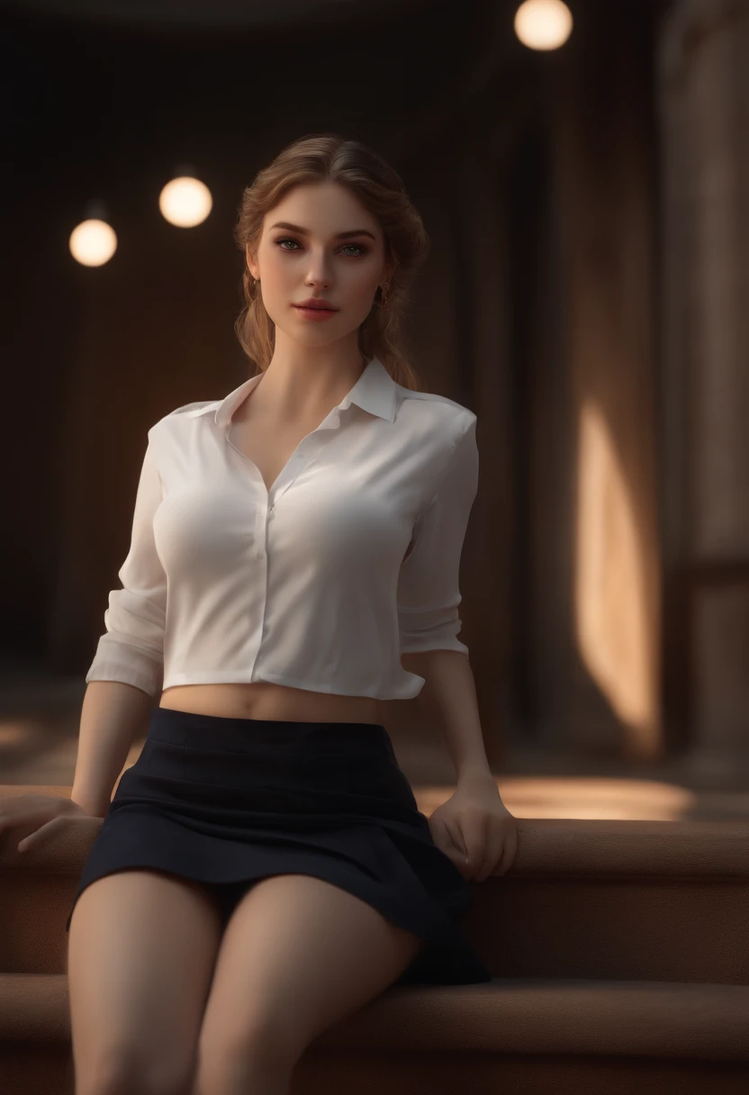 ultra realistic 8k cg, picture-perfect face, flawless, clean, masterpiece, professional artwork, famous artwork, perfect face, beautiful face, beautiful eyes, ((perfect female body)), solo,(immersive atmosphere, chiaroscuro:1.5,bright light:1.2,luminous lighting)
,,(blush:0.5),seductive expression,extremely detailed_eyes,thick thighs,large breasts,
beautifully detailed background,depth of field,realistic:1.3, long shot,1girl,shirt,pleated skirt, school uniform, sitting, full body,
(ambient light:1.3),(cinematic composition:1.3),(neon lights:0.1),(HDR:0.1),Accent Lighting, white pantyhose,