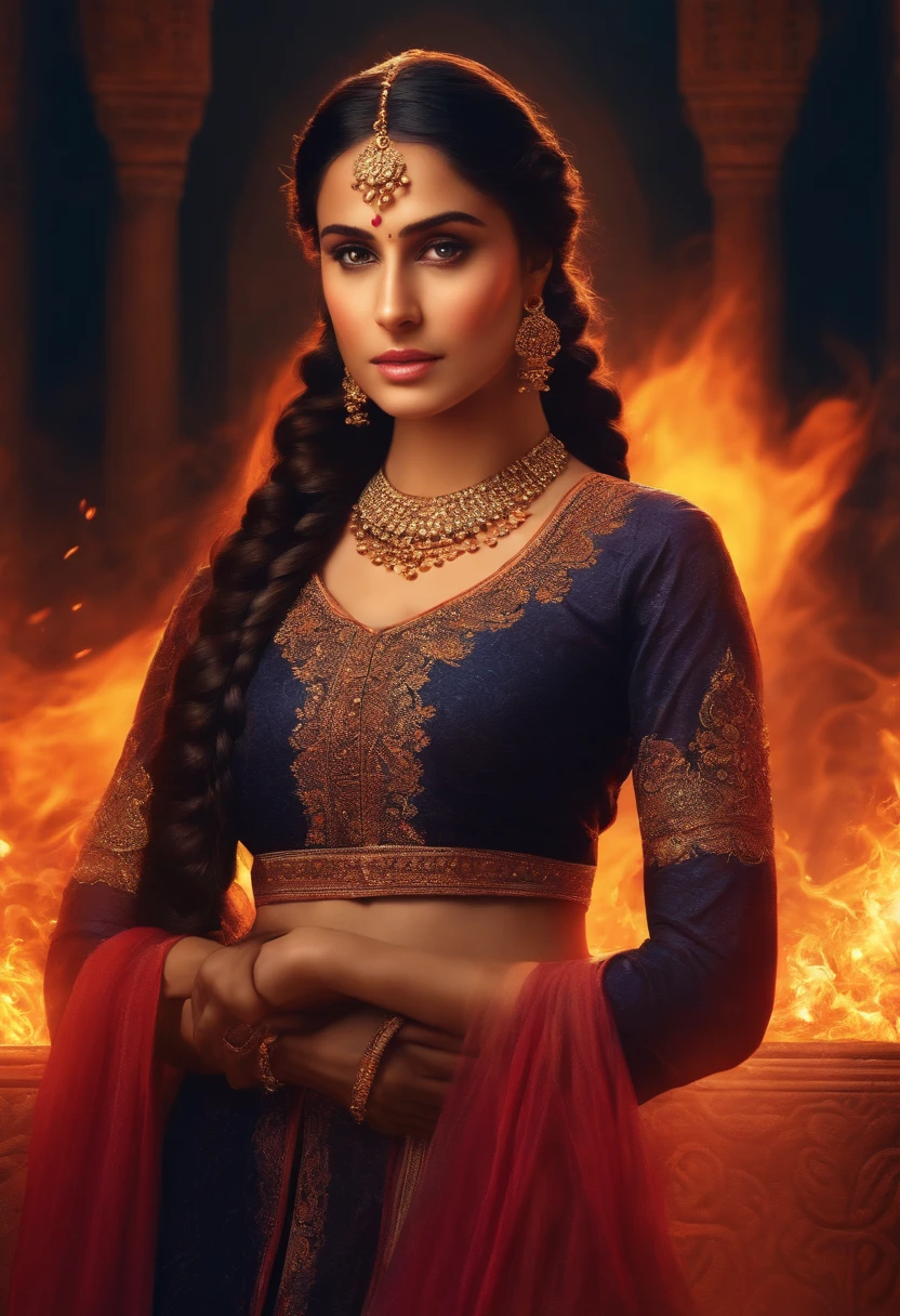 A young woman surrounded by flames, black hair in a braid, Mughal empire period clothing. Very bright colors, Light particles, with light glowing, Mshiff, wallpaper art, UHD wallpaper