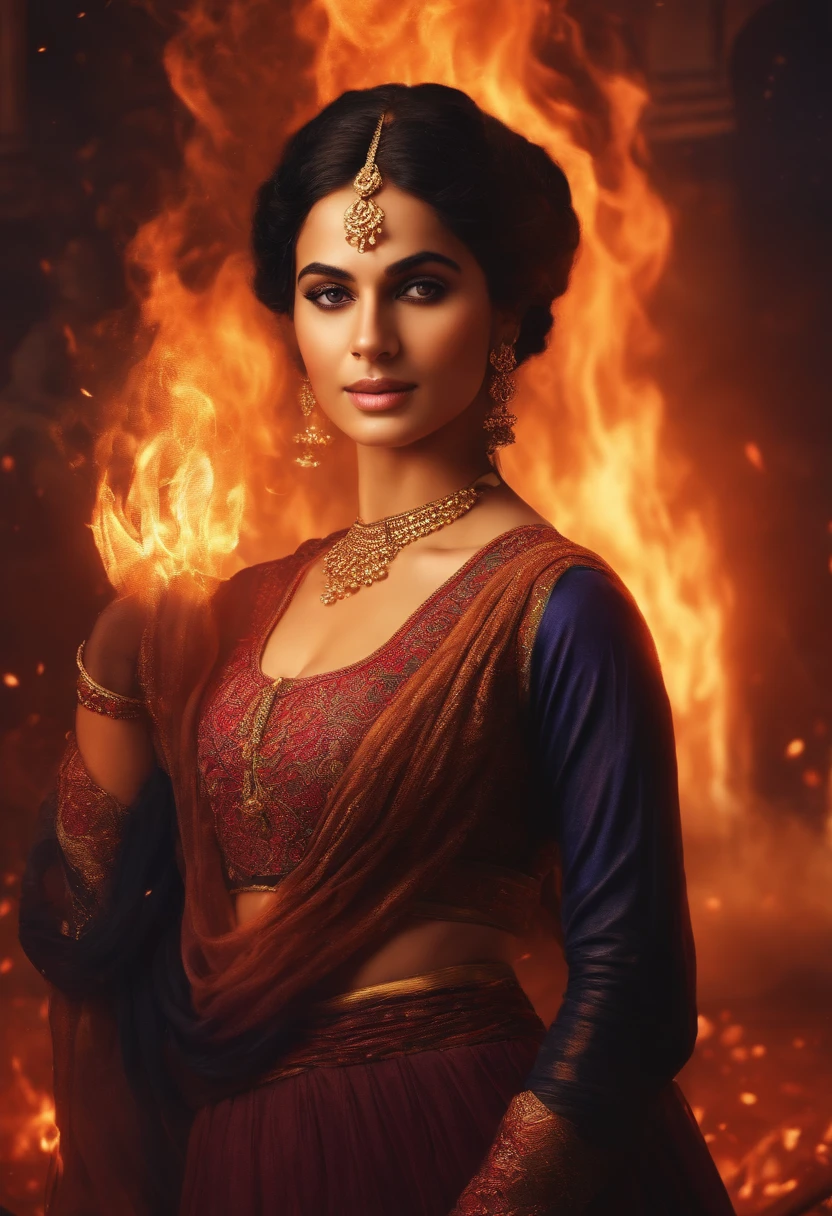 A young woman surrounded by flames, black hair in a braid, Mughal empire period clothing. Very bright colors, Light particles, with light glowing, Mshiff, wallpaper art, UHD wallpaper