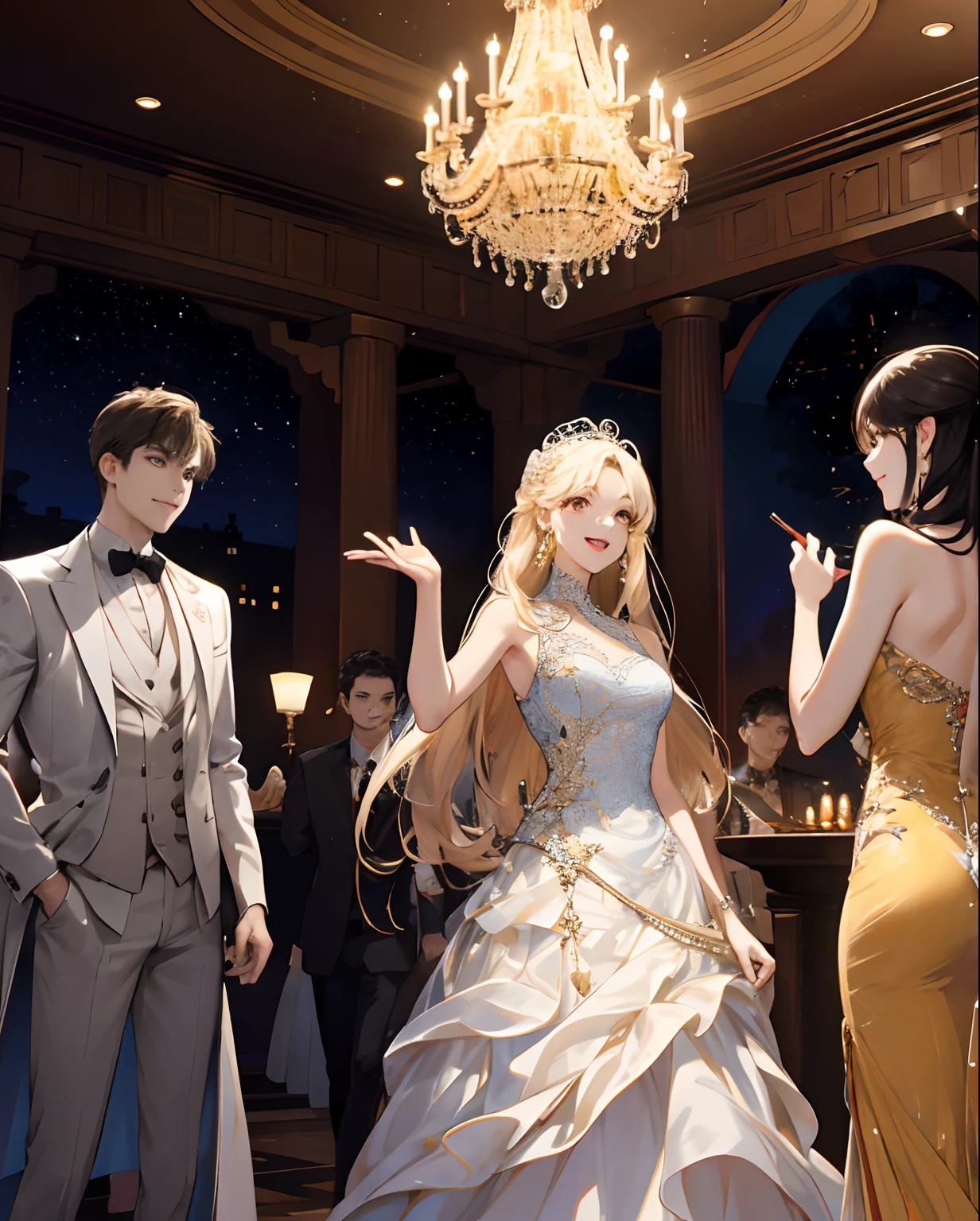 Masterpiece, Best quality, 8K, high detal, Ultra-detailed,quadratic element,A group of people dressed in gorgeous evening dresses,Greet those around you with a smile。 The venue was a lavish indoor cocktail party,Under the tall crystal chandeliers,People wore all kinds of evening dresses,The three of them got together to talk and laugh。 It was night,Outside the sky twinkled with stars。Gorgeous interior lighting,It creates a fantastic atmosphere。 Observe from a greater distance,The whole cocktail party scene was very lively,People are looking for money,The music flows softly。The viewing angle is heads-up。 The picture quality is very clear,The details can be seen in the delicate texture of the girl's evening dress and the smiles on people's faces。 The painting style is realistic,with soft colors,The proportions of the characters are well-proportioned and natural。The overall style is full of elegance and romance。