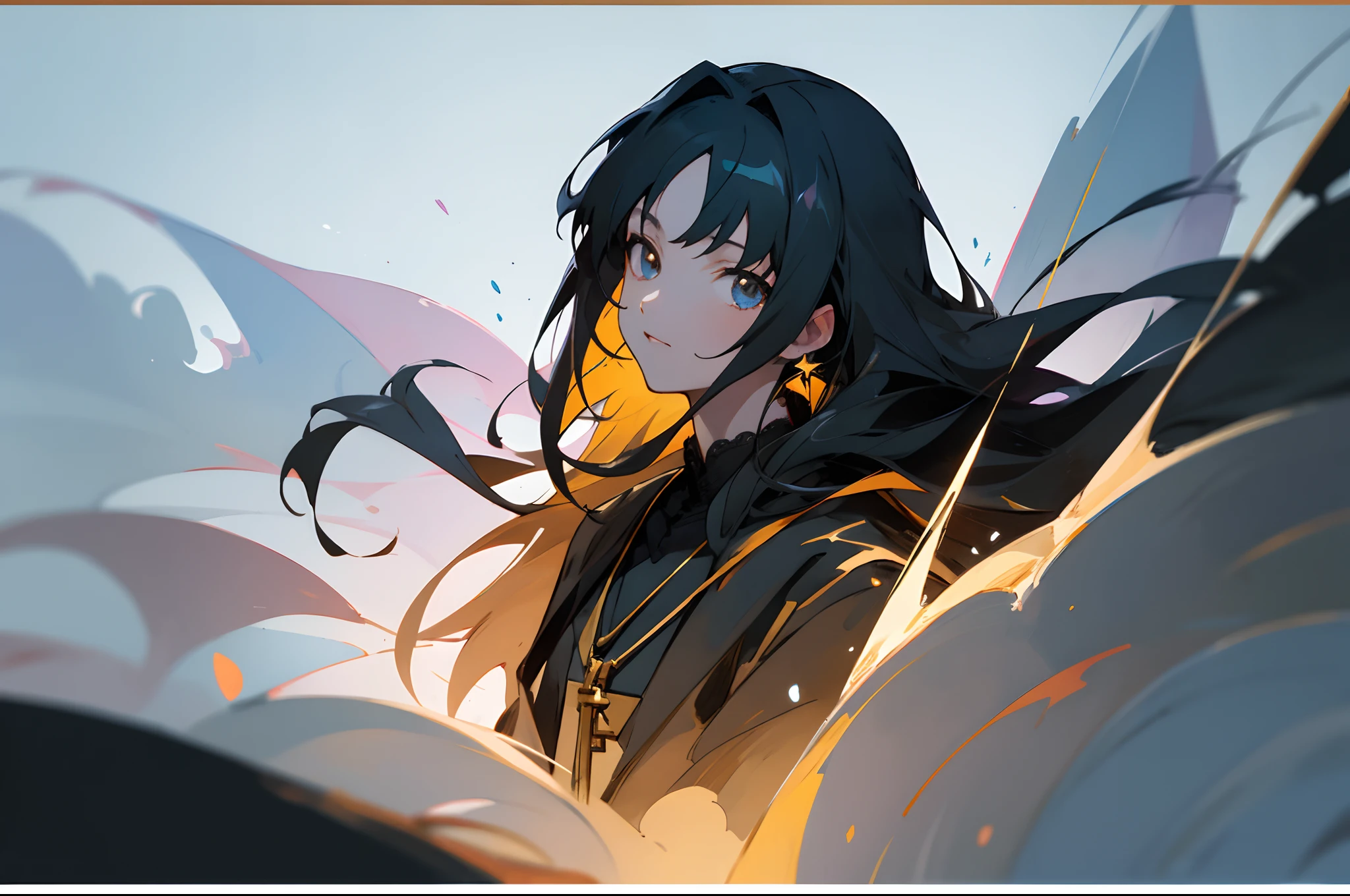 solo performance, Anime anime wallpaper HD anime wallpaper HD wallpaper, From Arknights,iintricate, Detailed key anime art, shadowverse style, gapmoe yandere grimdark, Full body like,Official artwork, Key anime art, anime key visual concept art of, (tmasterpiece,best qualtiy)Long black hair, The eyes sparkle like two twinkling stars, There is also an elegant and delicate face, It's like a perfect work of art. The figure is slender, The skin is as fair as snow,Straight nose. They wore black robes, It is decorated with celestial motifs that symbolize wisdom. The design of the robe is simple and elegant, A delicate gold lace border accentuates the hem. Around their necks hung a silver pendant in the shape of a philosophical ring, At your fingertips, They wear a golden infinity symbol ring. The image quality should be the best quality, 4K or 8K resolution, It has super tricks, Realistic or realistic details. The medium used for the artwork can be illustration, Oil painting, 3D rendering of, or photography. The style of the image can be in the form of a portrait, landscape, Horror, anime, Sci-fi, Photography, or concept art. The overall tone should be vibrant,Lighting should create a captivating effect.