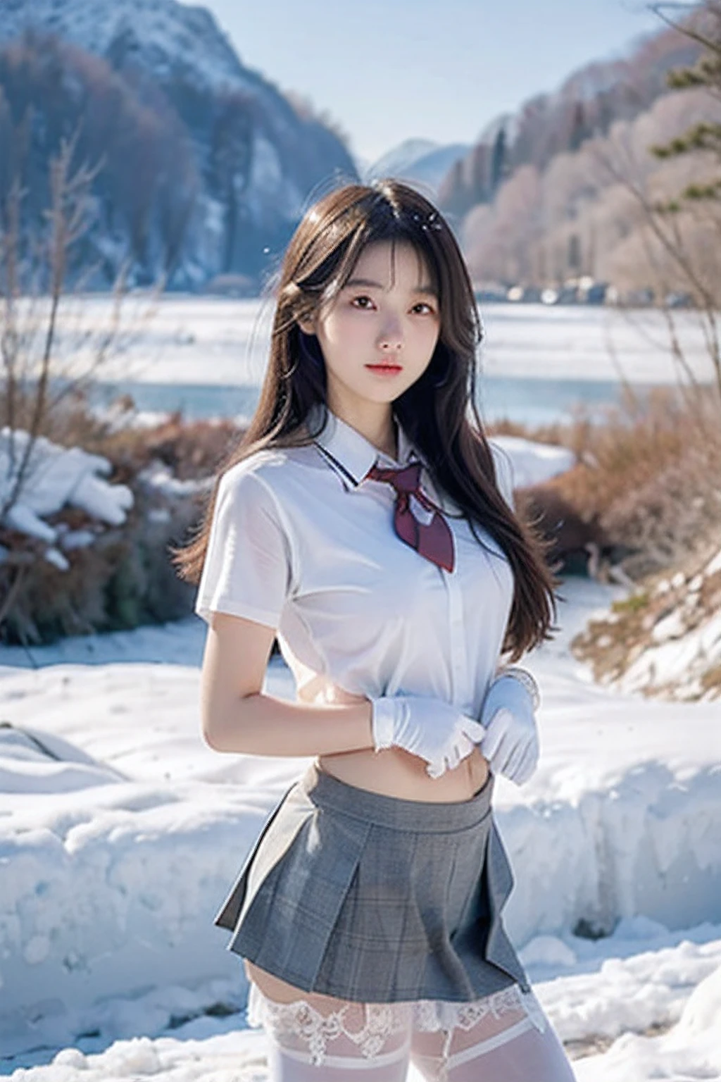 female character, tie, skirt, Japanese school uniform, Takano Aya color style, About Yada Hana, Aya Hua, Ishida, Takano Aya, Japanese student uniform, Tejoshi Shiori, Kojima Amano Aya, Ikuta Erika, Hiroe Koji, snowy landscape, ice lake, distant view, neat eyes, sensual body, uniform soaked in sweat, extraordinary beauty, large chest, wearing white lace tights, wearing white gloves, limbs coordinated, body symmetry