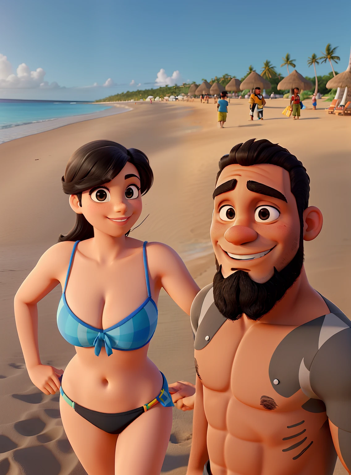 Um casal, homem negro com barba grande e cheia,On a paradisiacal beach on a sunny day, com um grande sorriso no rosto e sem tatuagens