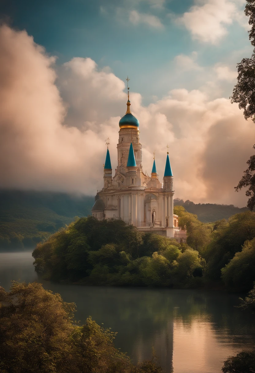 The ancient Cathedral floats above the clouds in the sky where an Angel stands, Nuvem de doces multicolorida, in wonderland, dreamy and romantic, atmosfera sonhadora e drama, very magical and dreamy, cenas de sonho, na nuvem, heaven, In a wonderland in the clouds, magical dream-like atmosphere, dreamy and ethereal, still from a music video
