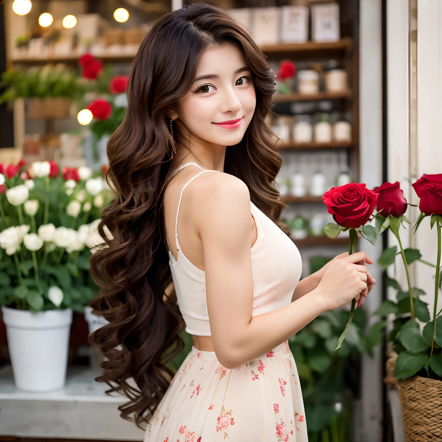 Cute muscular girl with curlly long hairs standing in the front of a flower shop holding a red rose