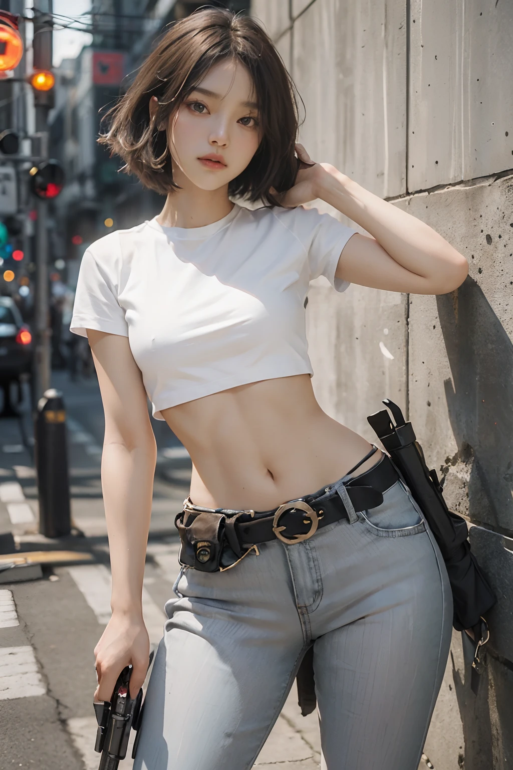 NSFW, (Top quality raw photos, (reallistic, Photorealism: 1.2), (extremely detailed texture), Nikon D850 50mm Lens), Hot European women on the street, ((light brown hair)), (Police officer emblem on the arm、Tight brown pants and white crop top, white shirt, Black Short Jacket Open Front、Bare waist, tight hip), (The best beautiful girl like a model、Sexy Woman,large eyes with double eyelids、Slender face with nose)、 Best Medium、((posterior view、Composition from directly behind、round, Attractive hip line、Tight-fitting laminated pants、Standing with long legs open、Sexy Leglines、thin ankles、Wear a lot of equipment on your belt、Accurately draw magazines and batons、Accurately draw radio and gun holsters、equipment、Right hand with a pistol))
