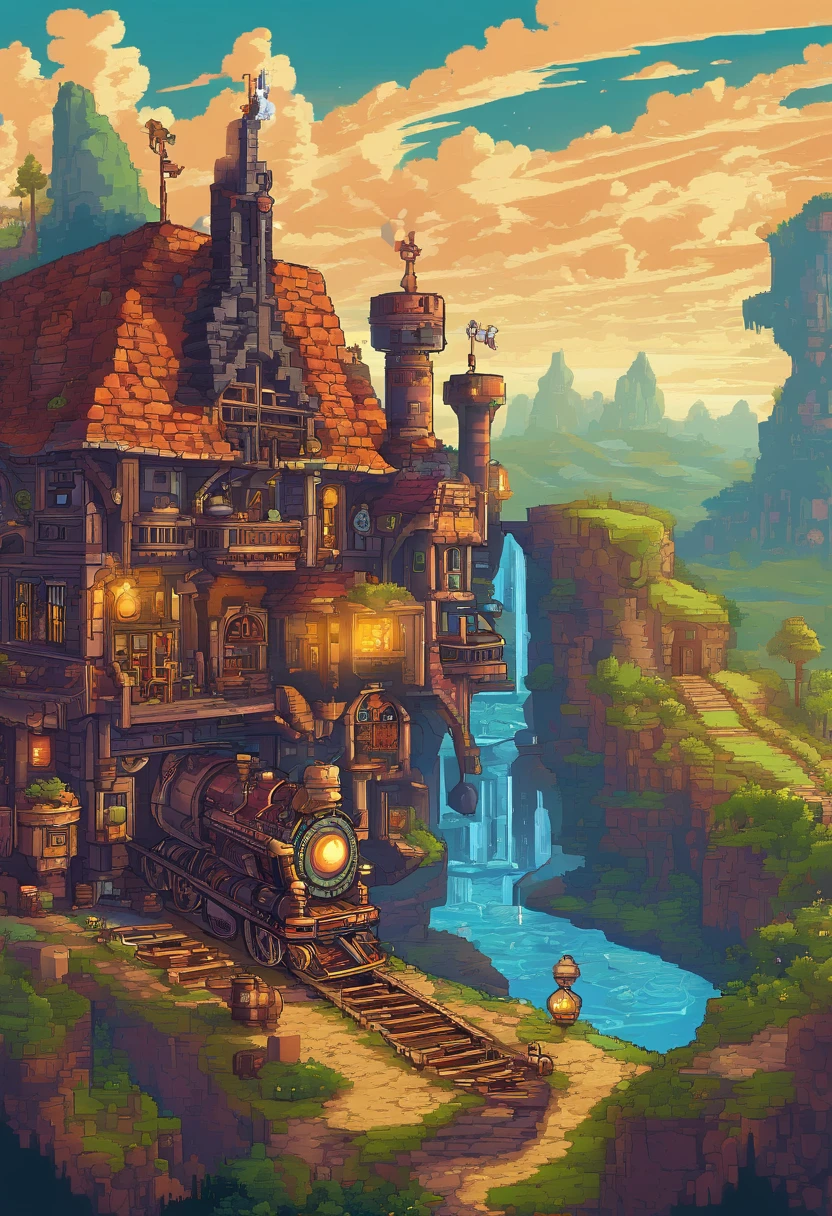 Fantasy world, Wonderful, Full of fantasy and fiction, Coloring, Low light, Medium brightness (Perfect work of art), The landscape presents a theme of great beauty and fantasy, Beautiful，Large gears，The Age of Steam，steampunc，steam locomotive，Smelting furnace，Pouring，bf，My World