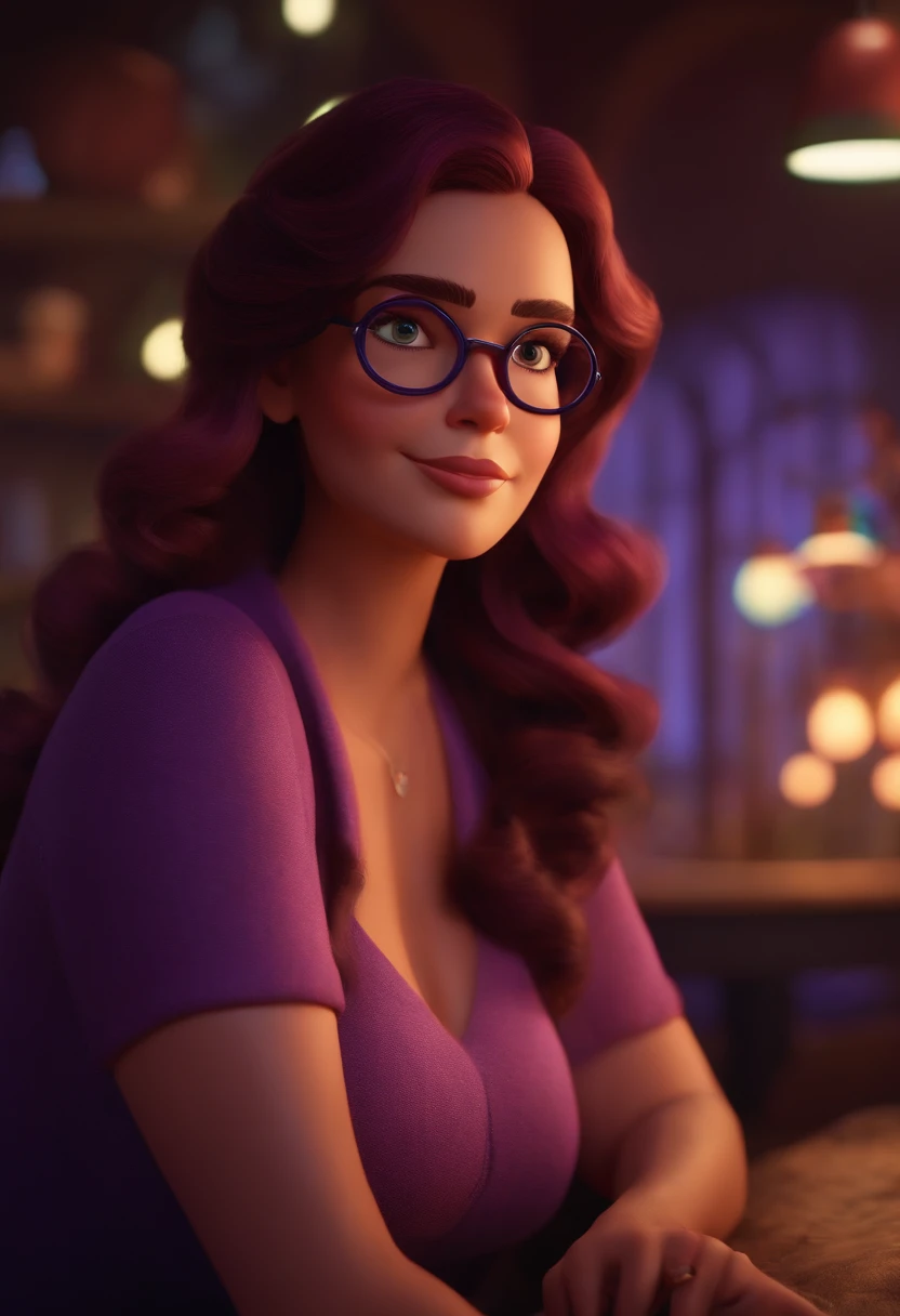 Pixar style image with 3D character glasses, fat brunette woman, wavy purple hair on shoulders, Maquiagem Disney,Pescador, bonitinho, sorridente ,Close-up, Pixar, Disney, Cinema lighting,