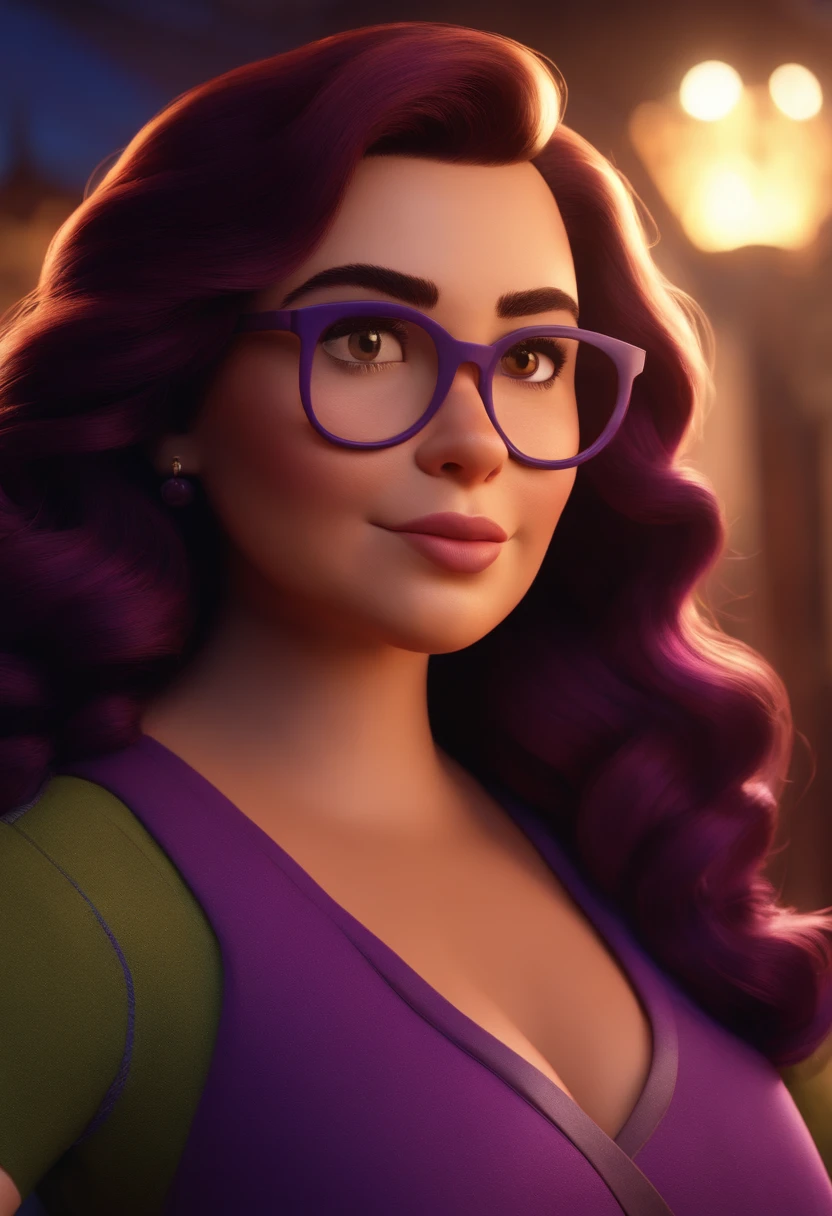 Pixar style image with 3D character glasses, fat brunette woman, wavy purple hair on shoulders, Maquiagem Disney,Pescador, bonitinho, sorridente ,Close-up, Pixar, Disney, Cinema lighting,