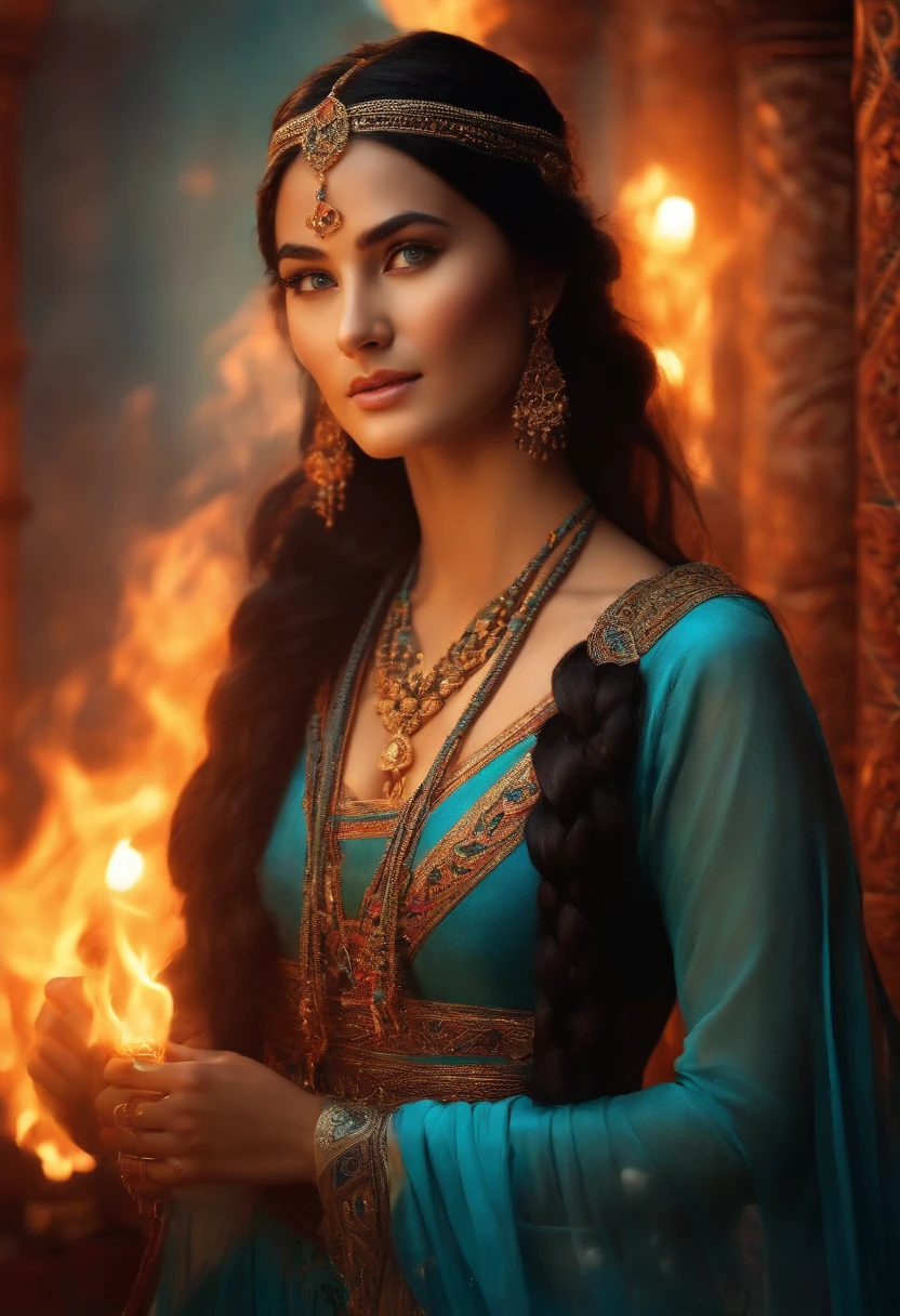 A young woman with Mongolian features surrounded by flames, long black hair in a braid, bright azure eyes. Dressed in Mughal empire period clothing. Very bright colors, Light particles, with light glowing, Mshiff, wallpaper art, UHD wallpaper