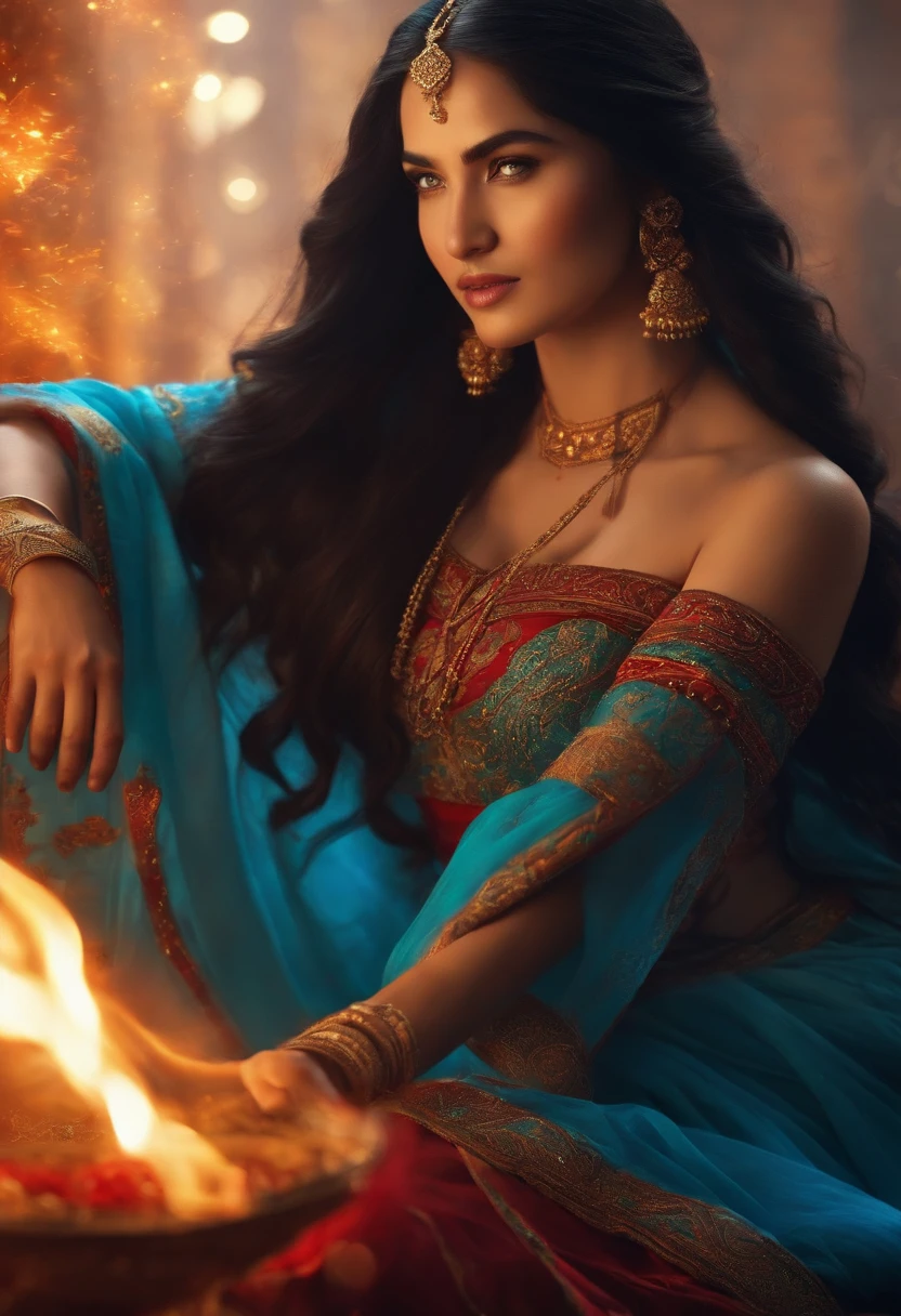 A young woman with Mongolian features surrounded by flames, long black hair in a braid, bright azure eyes. Dressed in Mughal empire period clothing. Very bright colors, Light particles, with light glowing, Mshiff, wallpaper art, UHD wallpaper