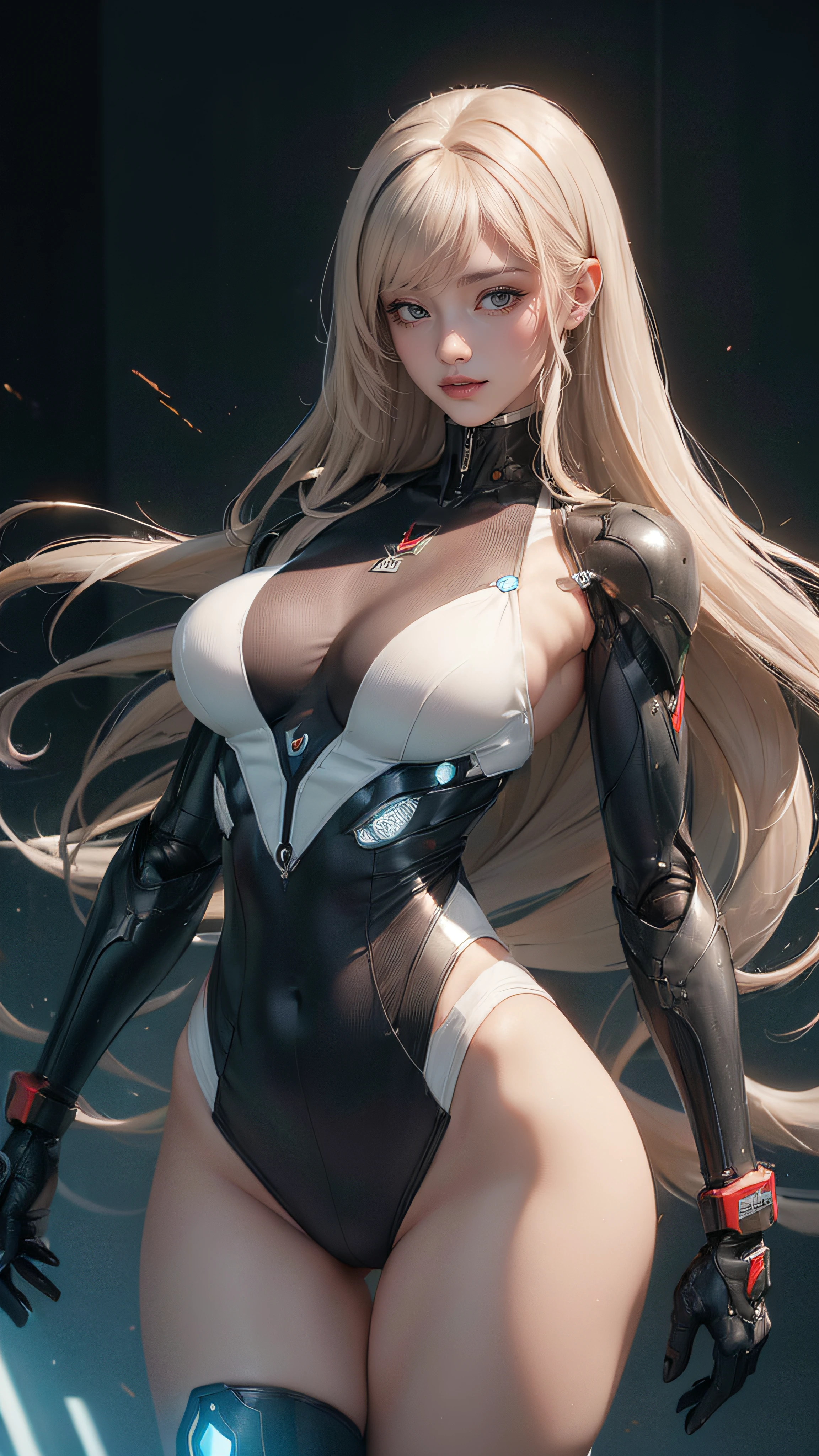 (embroidered cybernetic body),(dressed in mecha),(fighting stance),(1girl,ultra detailed skin,curvy,petite,beautiful breasts,large breasts,pale skin,pointy breasts,erect nipples),(Hyperrealist portrait,(8k),ultra-realistic,high detail,high resolution,best quality,masterpiece,Sense of presence,Dynamic,bold),(thin and soft hair:1.8),straight hair,Swept long bangs,extra light coppery amber hair,hair over one eye