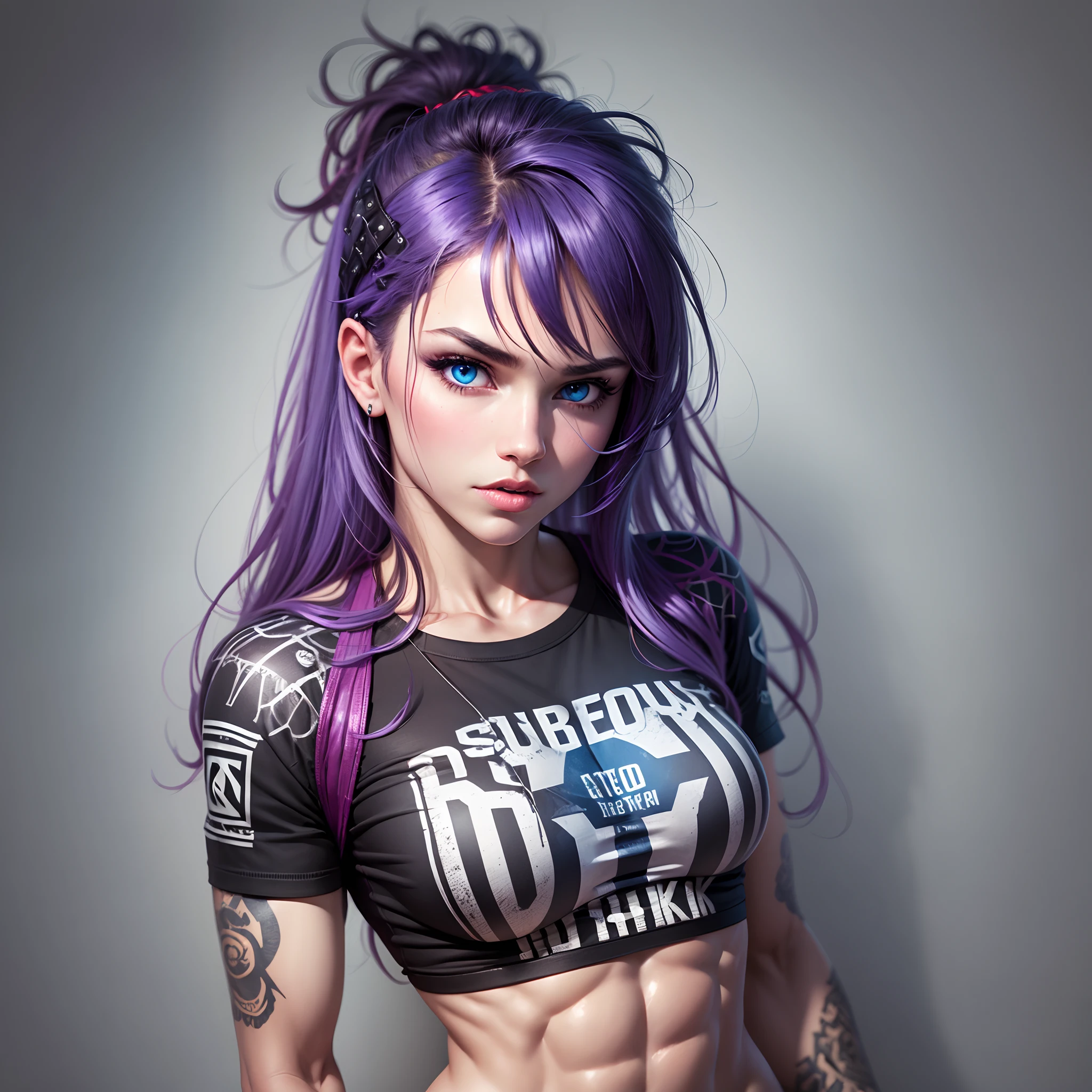 punk girl, abs, muscles, blue eyes which are glowing, punk tshirt, long hair, realistic --auto --s2
