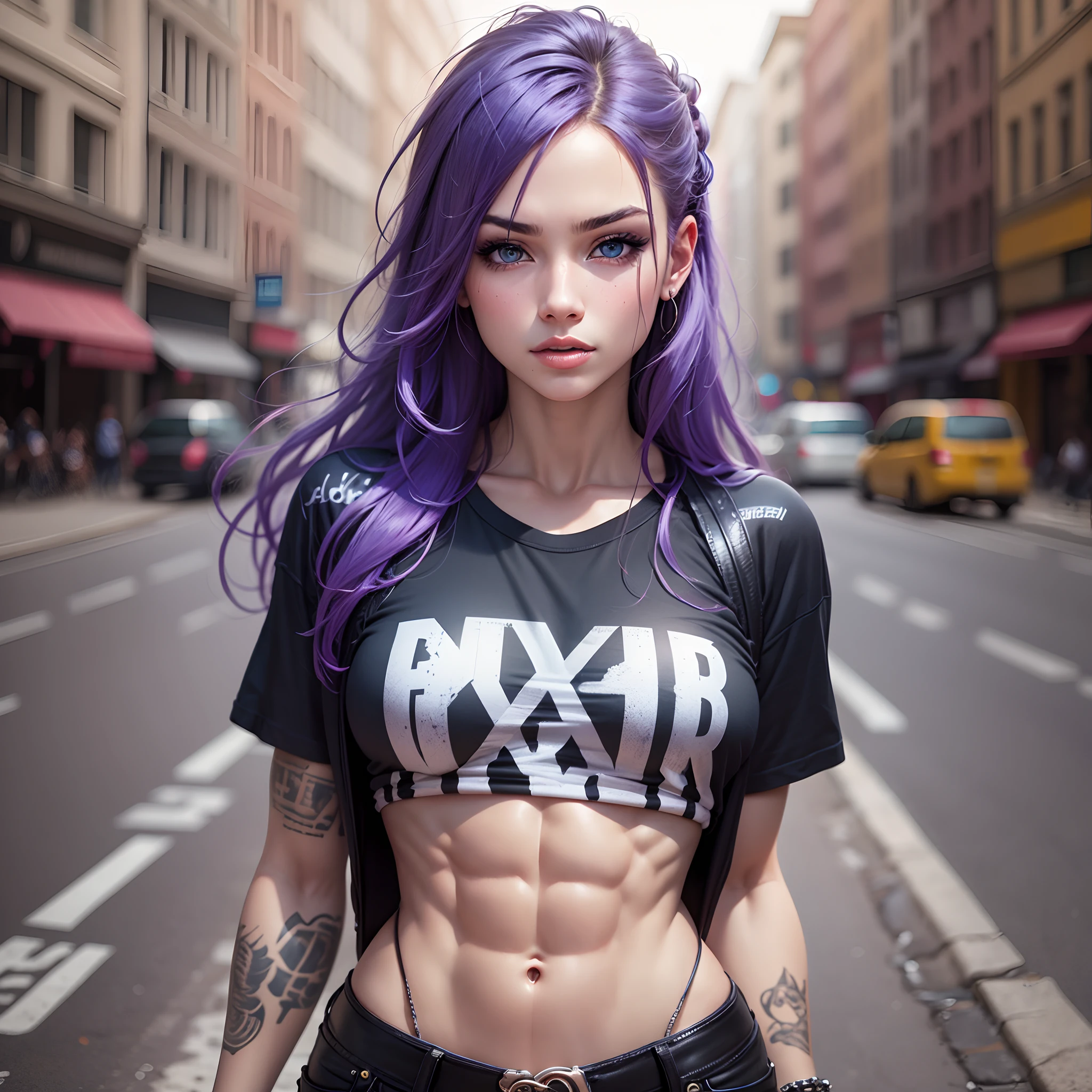 punk girl, abs, muscles, blue eyes which are glowing, punk tshirt, long hair, realistic --auto --s2