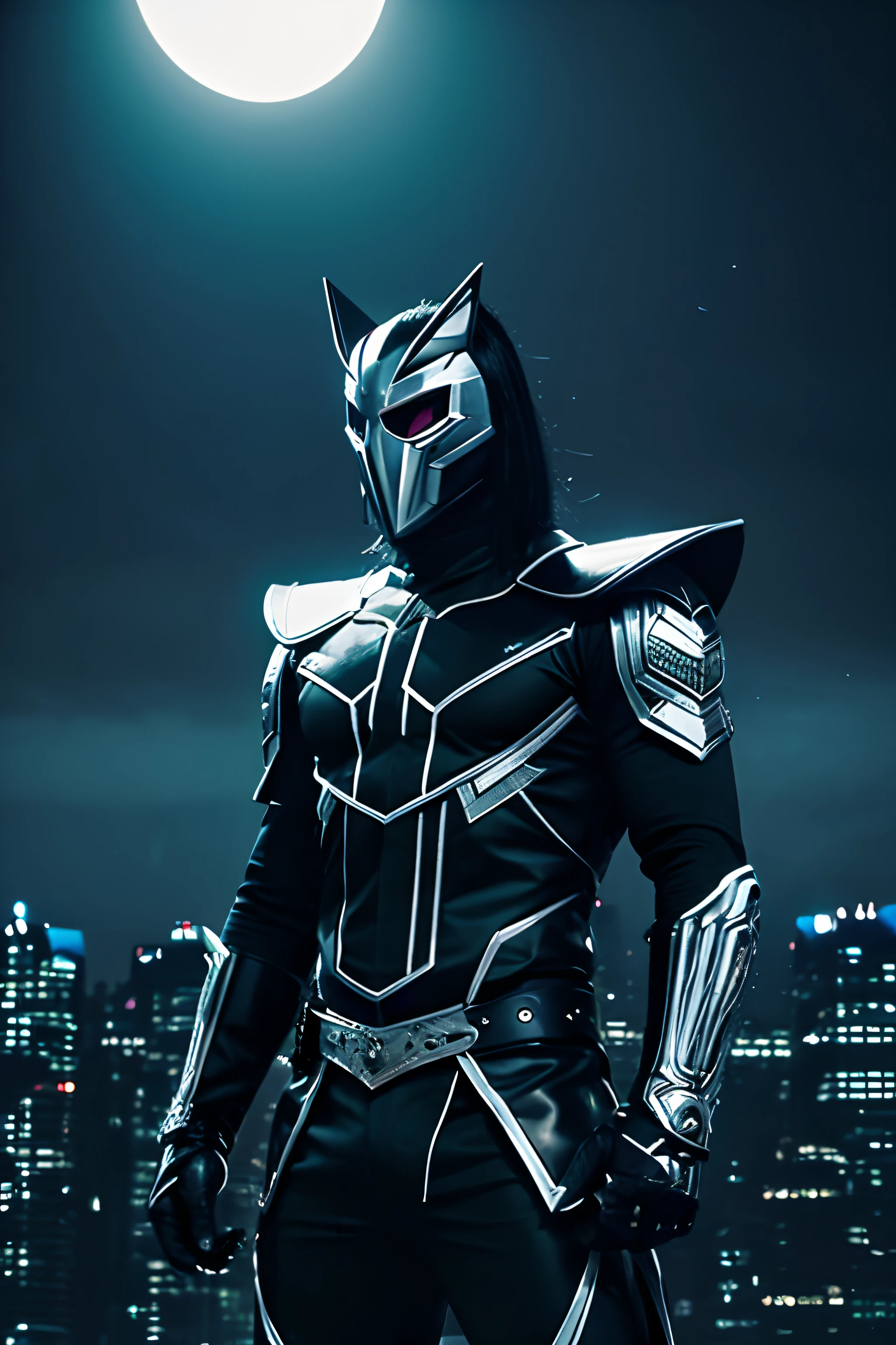 Create an image of a pro wrestler character that exudes a dark and enigmatic aura, with a look that closely mirrors the style of Kojio Akumu. The character has sleek, midnight-black hair with a single, striking streak of silver. They wear a distinct, stylized mask that covers half of their face, featuring a new emblem that is a geometric abstraction, not resembling any existing logos. The eyes visible through the mask are a deep, electric sapphire, conveying a sense of hidden depths. The character’s attire combines elements of traditional feudal armor with a modern twist, incorporating matte black and dark gray tones with subtle, silver trim. They stand in a dynamic pose, with a redesigned, non-descript weapon that complements their outfit, set against a backdrop that suggests a neo-noir urban landscape under a crescent moon.