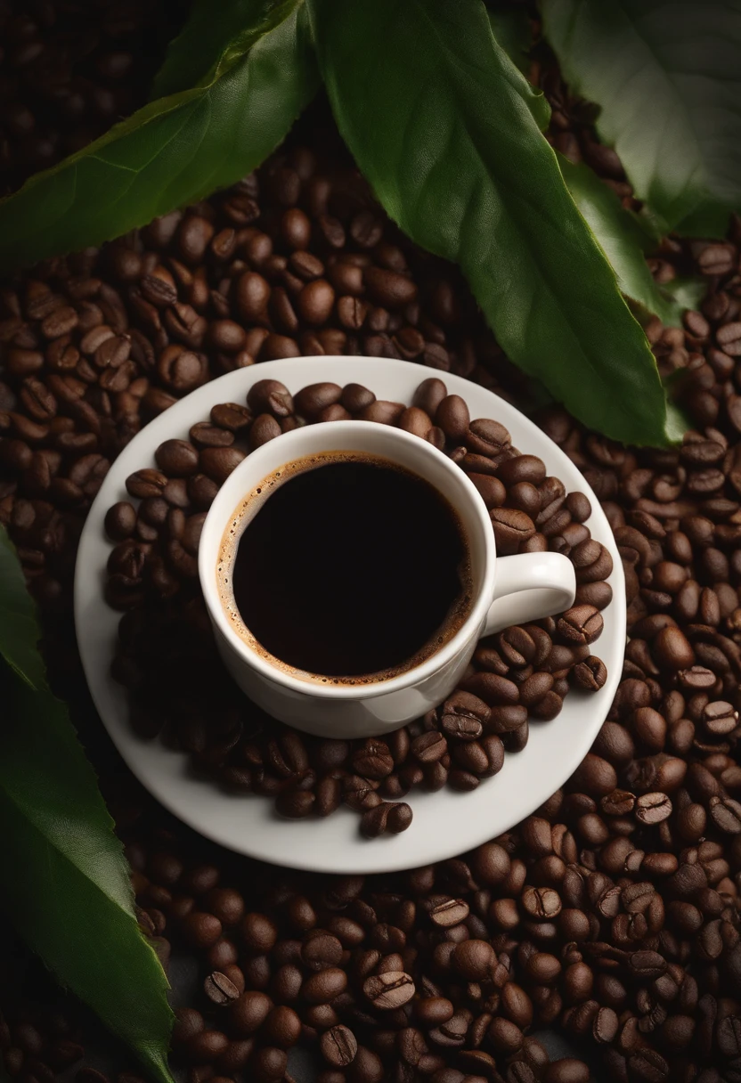 A coffee,Surrounded by coffee beans,A box of coffee packaging,Photographic light,professional photoshooting,food photography,Still life photography,Studio lights,freshen,the detail,highest quality,tmasterpiece,k hd