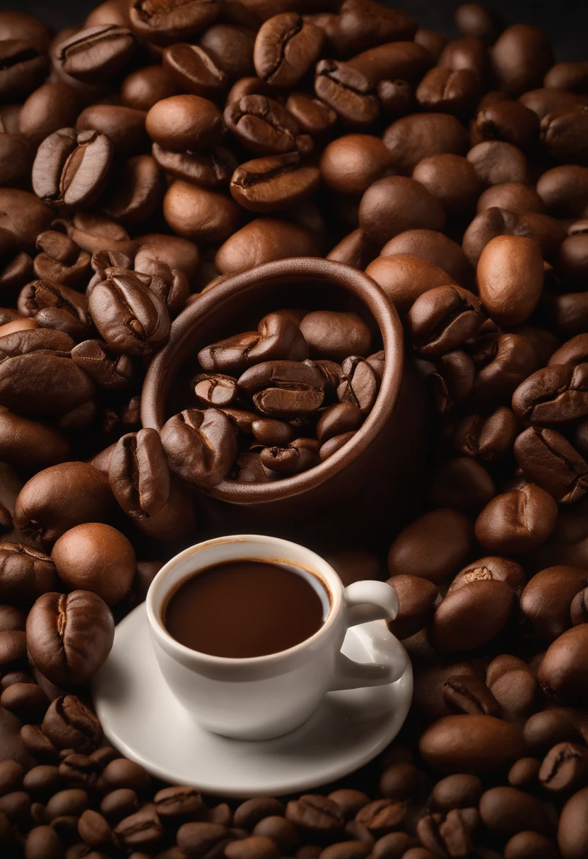 A coffee,Surrounded by coffee beans,A box of coffee packaging,Photographic light,professional photoshooting,food photography,Still life photography,Studio lights,freshen,the detail,highest quality,tmasterpiece,k hd
