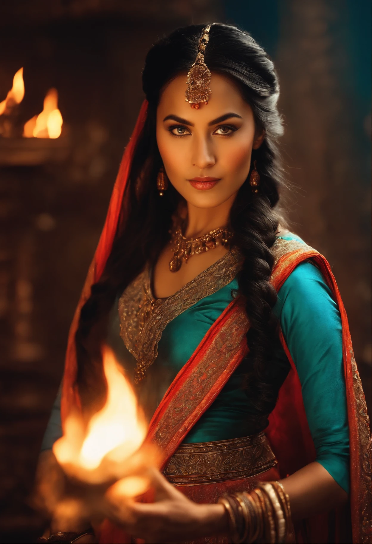 A young woman with Mongolian features surrounded by flames, long black hair in a braid, bright azure eyes. Dressed in Mughal empire period clothing. Very bright colors, Light particles, with light glowing, Mshiff, wallpaper art, UHD wallpaper